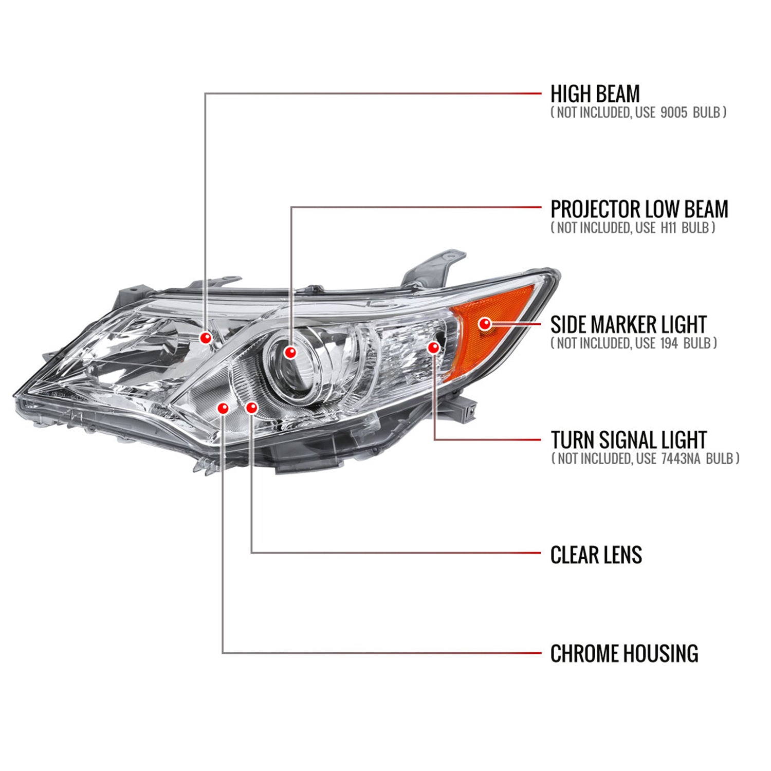 2012-2014 Toyota Camry Headlights Amber Reflectors - Driver Side Only Chrome