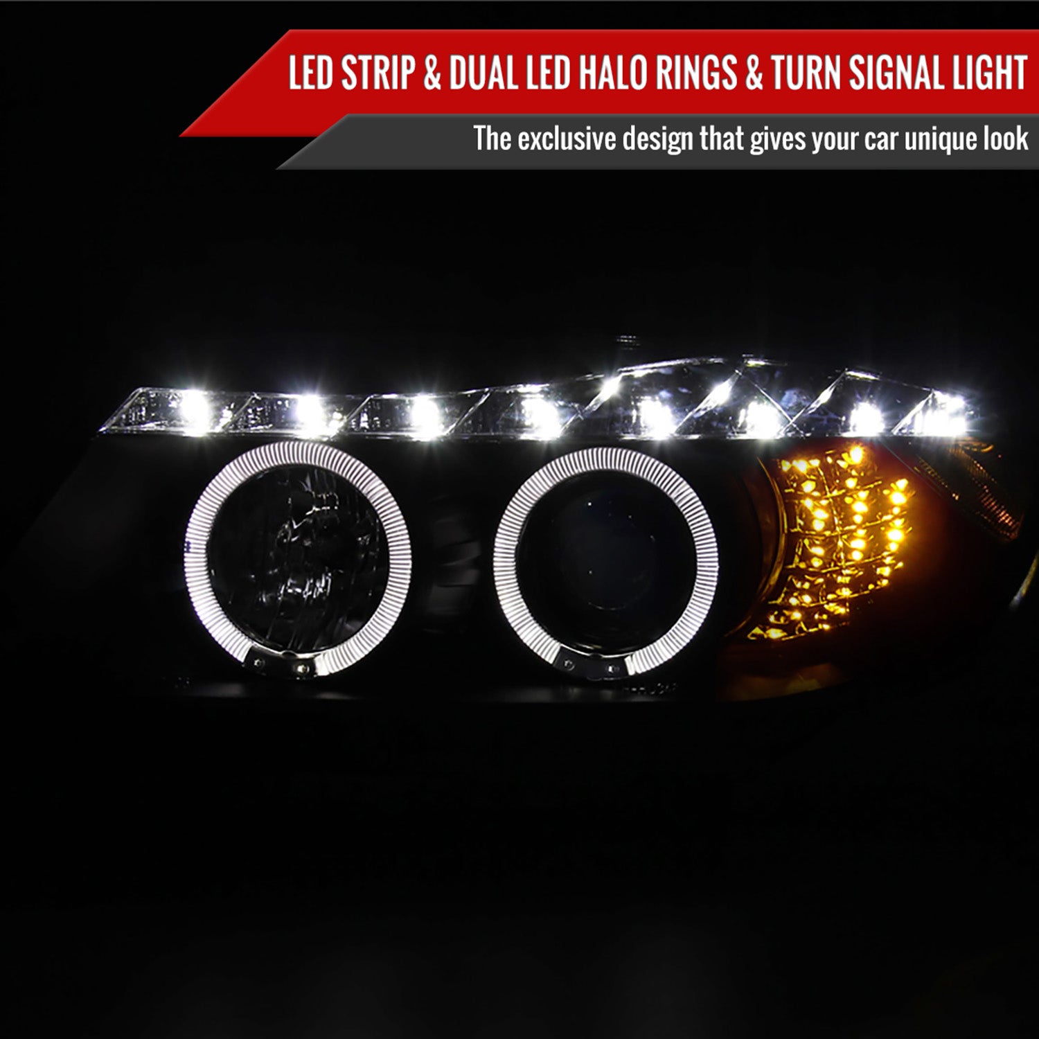 2006-2008 BMW E90 3 Series Dual Halo Headlights LED Light& Signal Matte Black