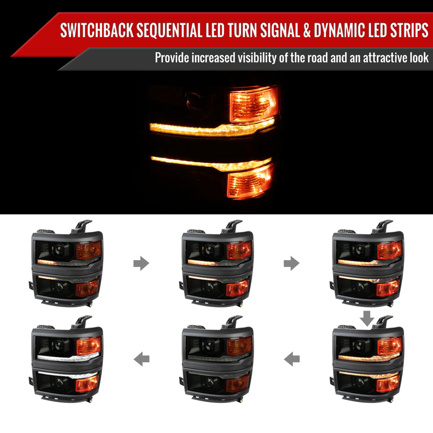 2014-2015 Chevy Silverado 1500 LED Bar Projector Headlights Smoke/Smoke Trim