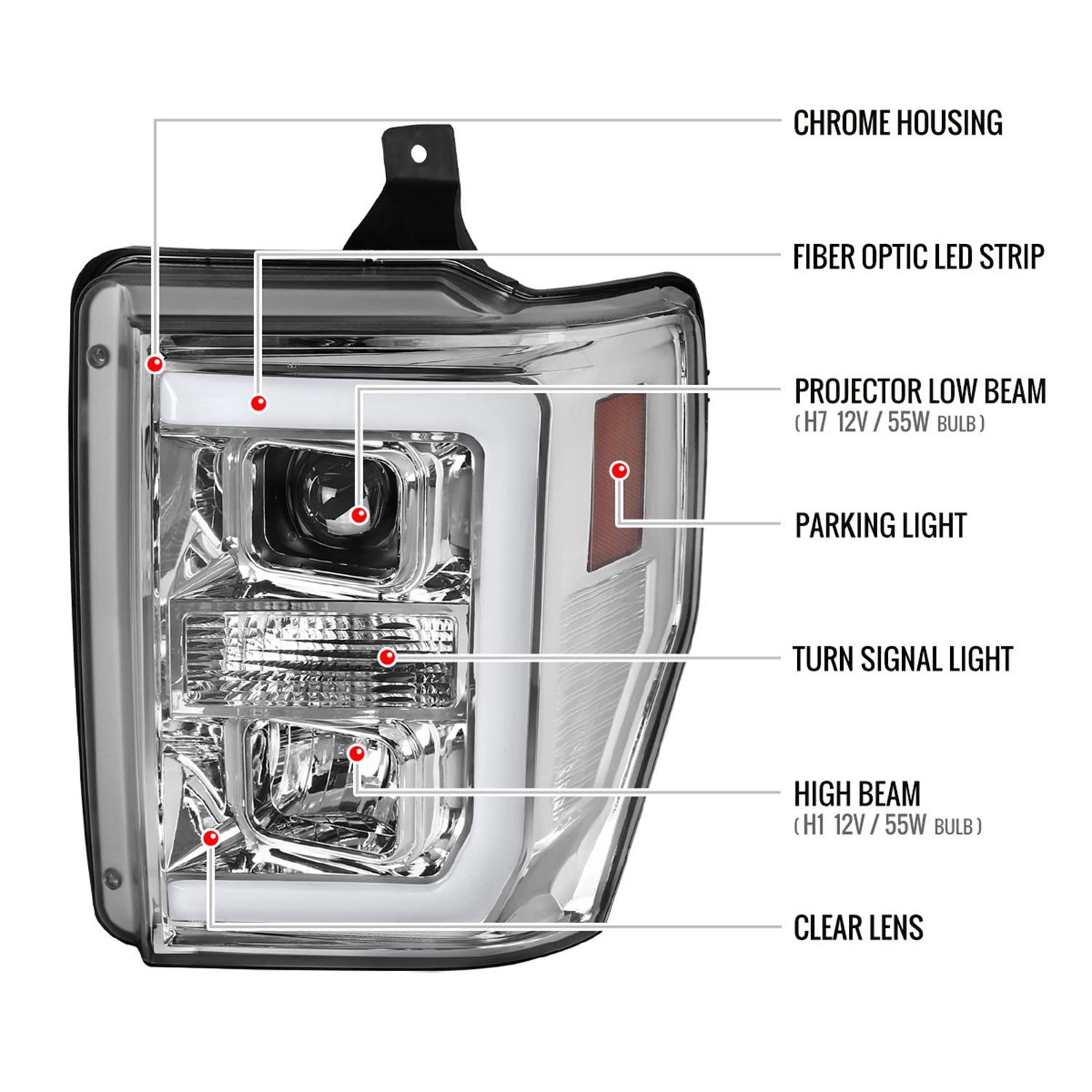 2008-2010 Ford F-250 F-350 F-450 LED C-Bar Projector Headlight Chrome/Clear