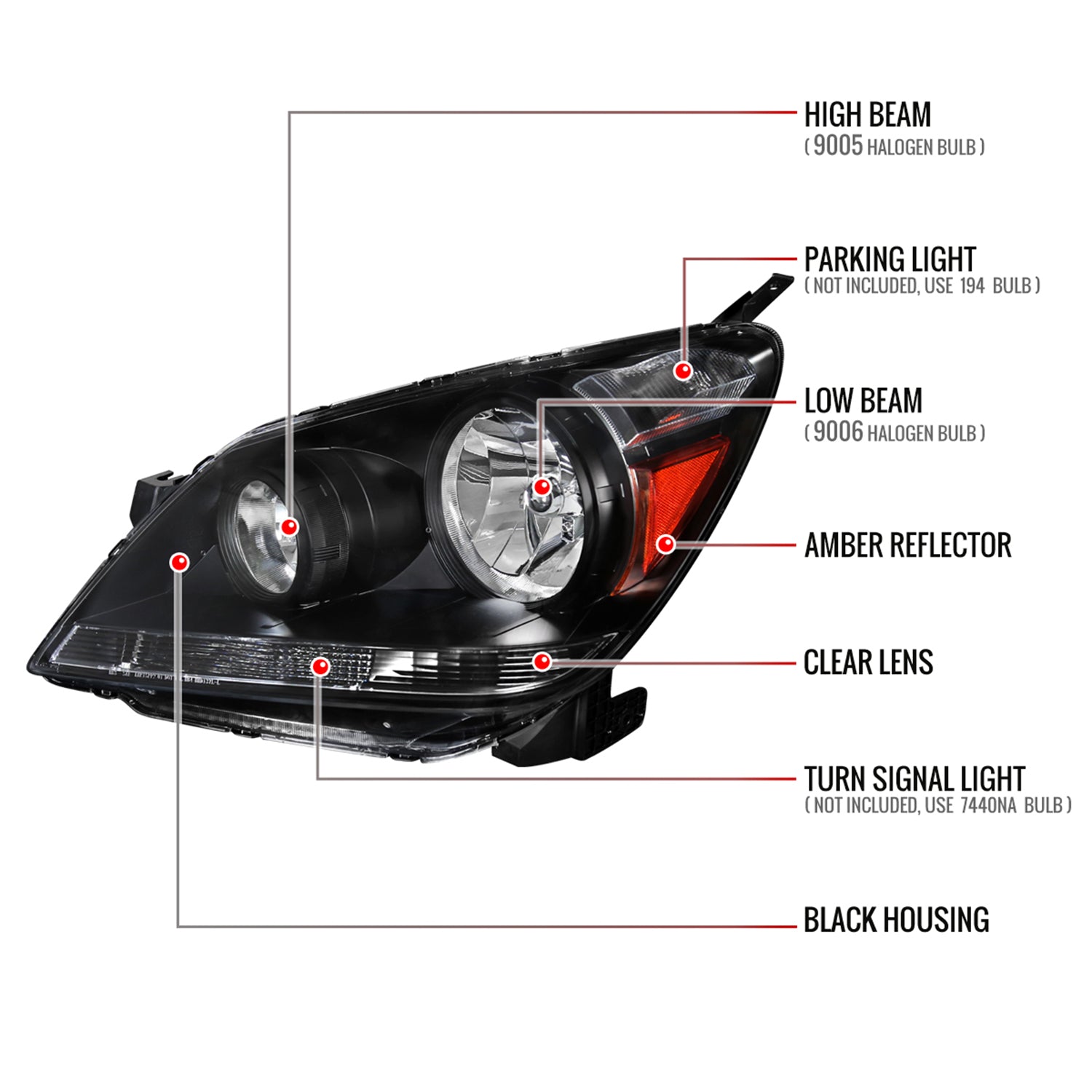 2005-2007 Honda Odyssey Factory Crystal Headlights 9006 Bulbs Matt Black/Clear