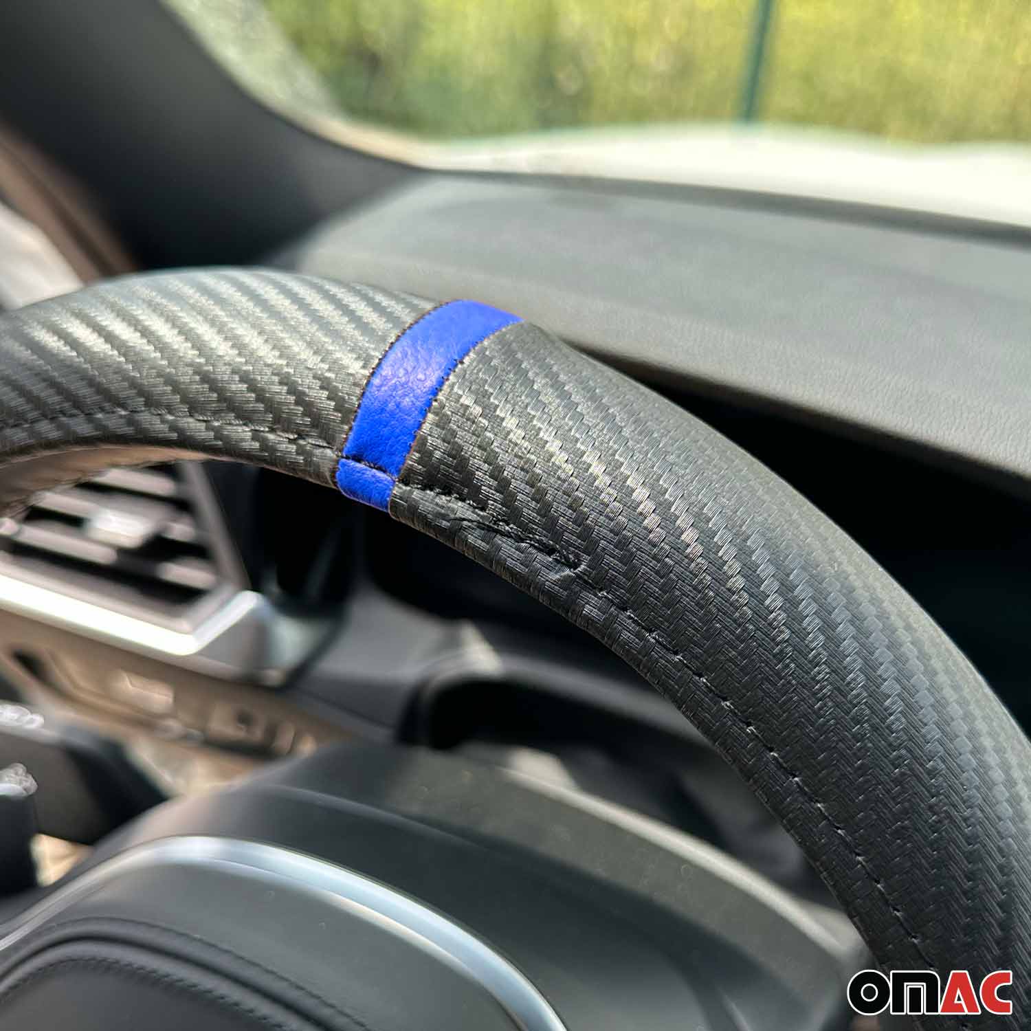 14.5-15.5’’ Steering Wheel Cover Blue Stripe Leather Anti-slip Breathable