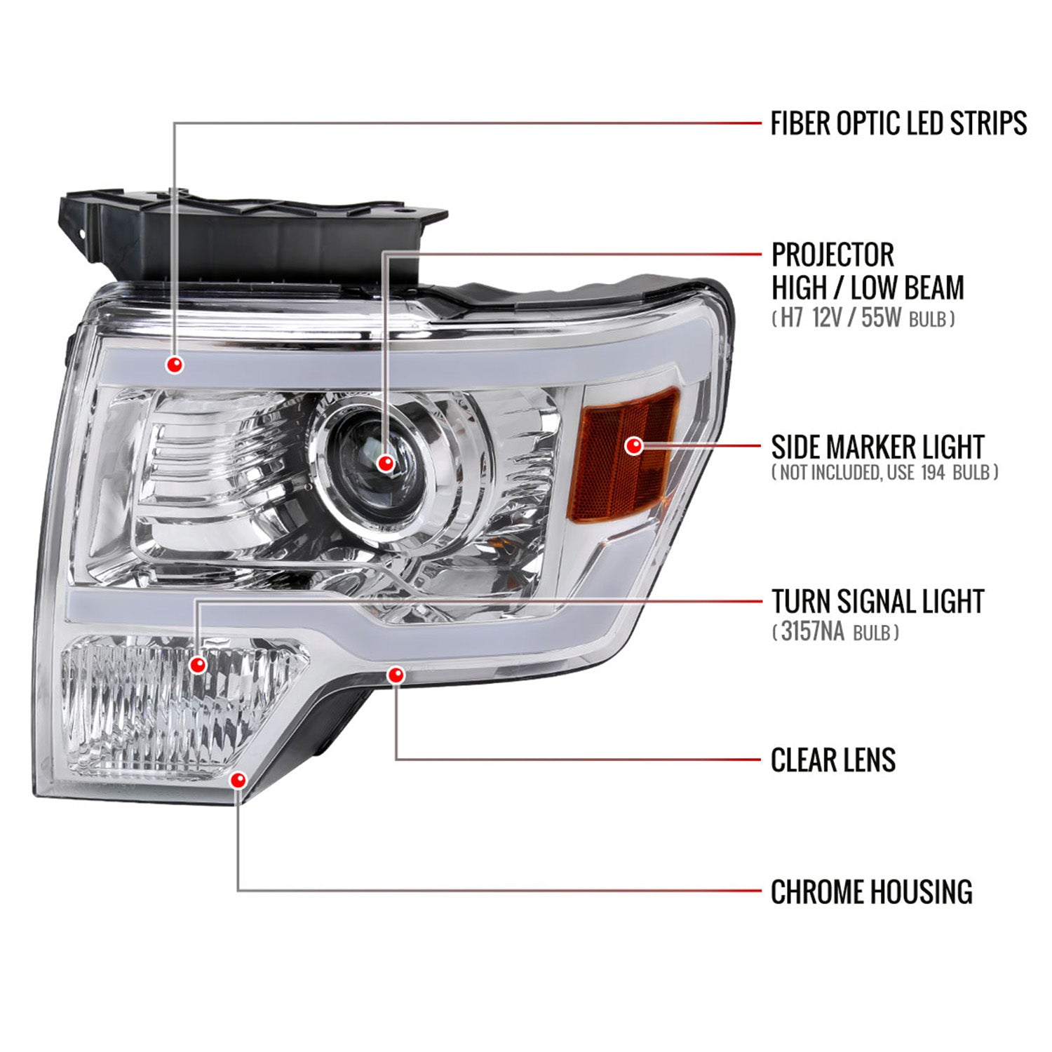 2009-2014 Ford F-150 LED Strip Projector Headlights Chrome/Clear Lens