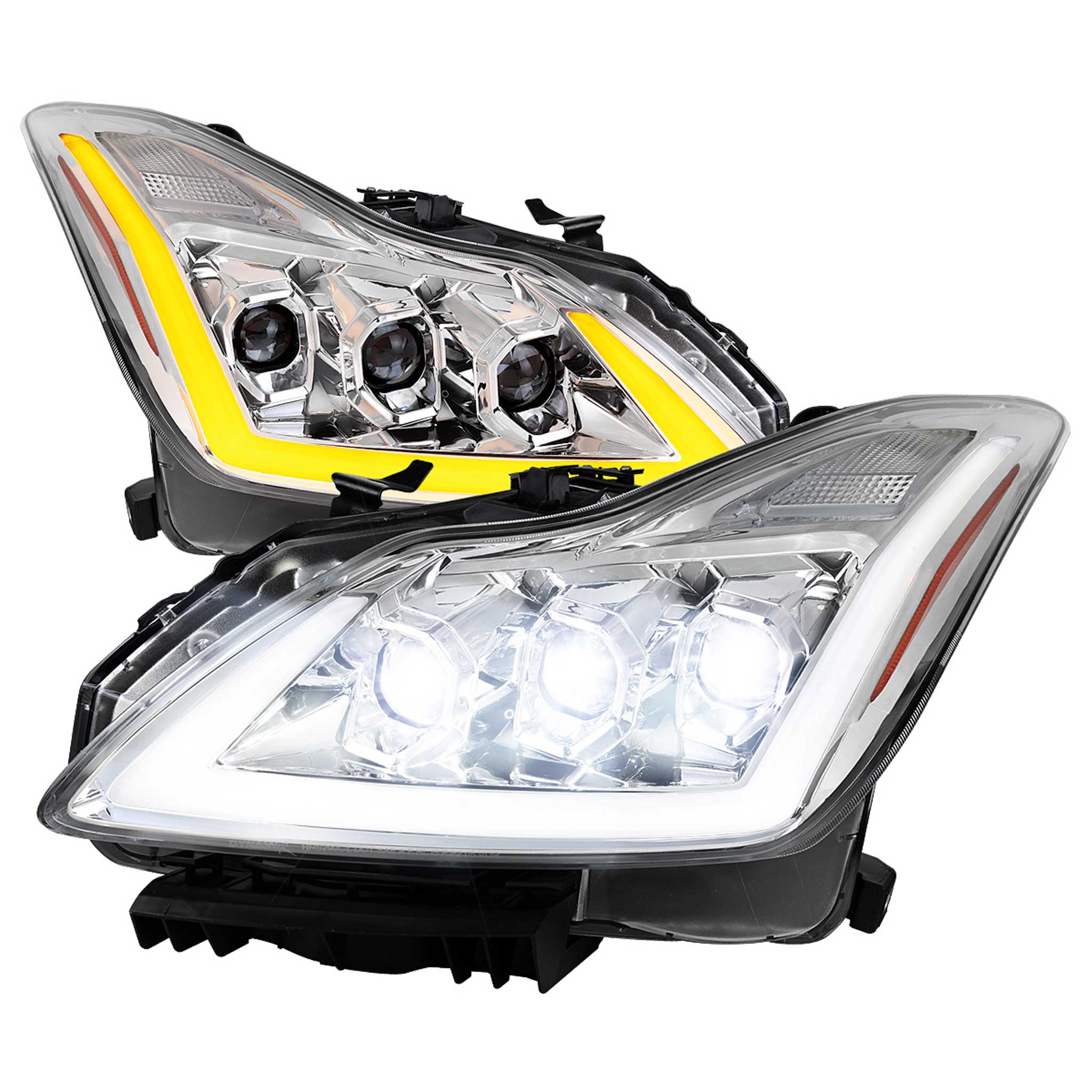 For Infiniti G37 2008-13 / Q60 Coupe 2014-15 LED Triple Projector Headlights Sequential Chrome Housing Clear Lens Switchback