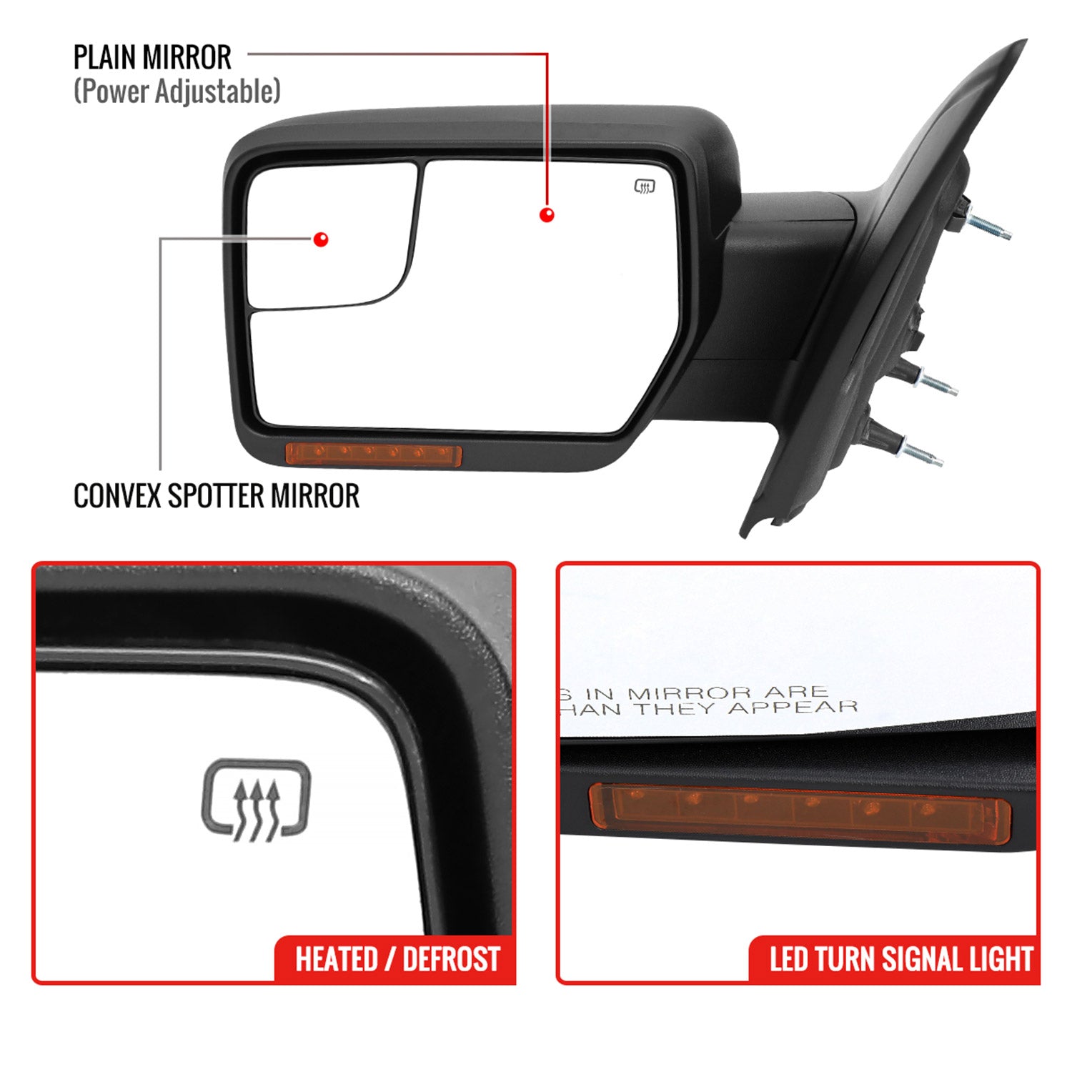 2007-2014 Ford F150 Black Heated Side Mirrors LED Turn Signal & Puddle Light