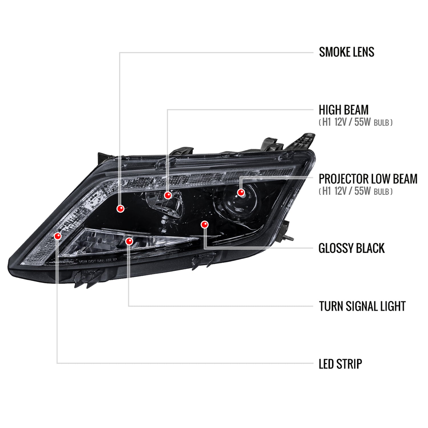 2010-2012 Ford Fusion Projector Headlights LED Light Strip Glossy Black/Smoke