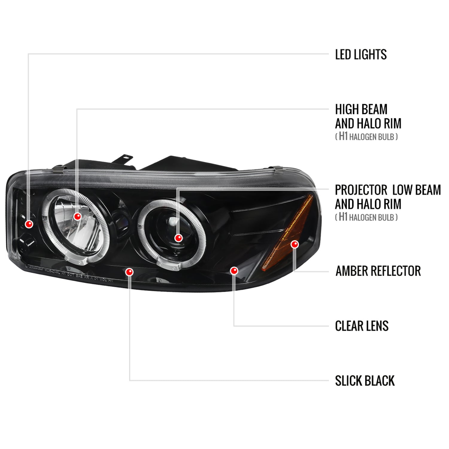 1999-2006 GMC Sierra/Yukon/Yukon XL Dual Halo Projector Headlights Jet Black