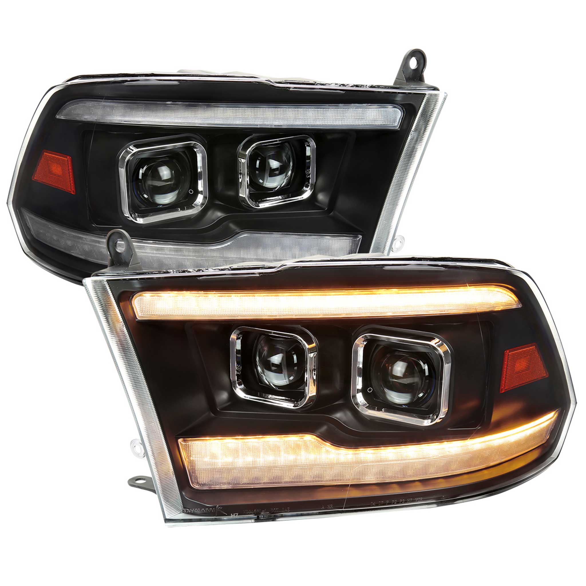 For Dodge RAM 1500 2009-18 / RAM Classic 2019-21 / 2500 3500 2010-18 Amber LED Bar Switchback Projector Headlights Matte Black Housing Clear Lens