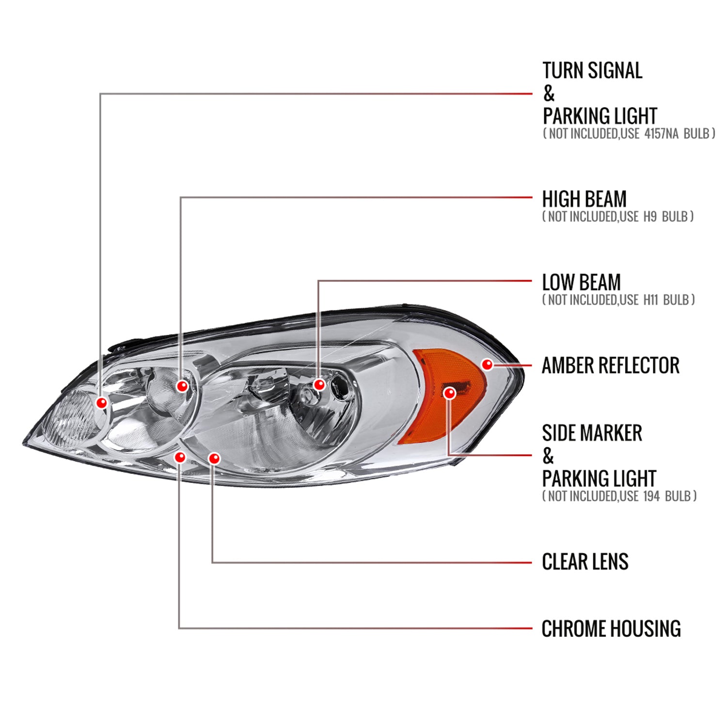 2006-2013 Chevy Impala / Impala Limited /Monte Carlo Headlights Amber & Chrome