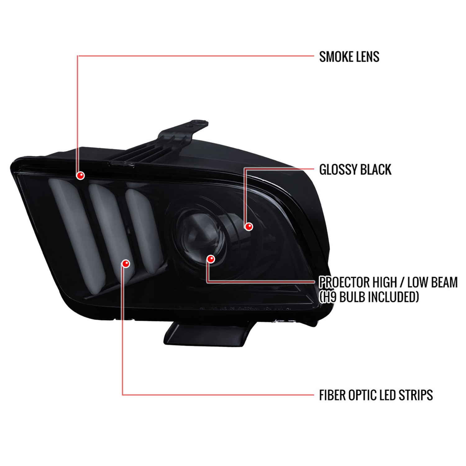 2005-2009 Ford Mustang LED Bar Projector Headlights Chrome/Smoke Lens