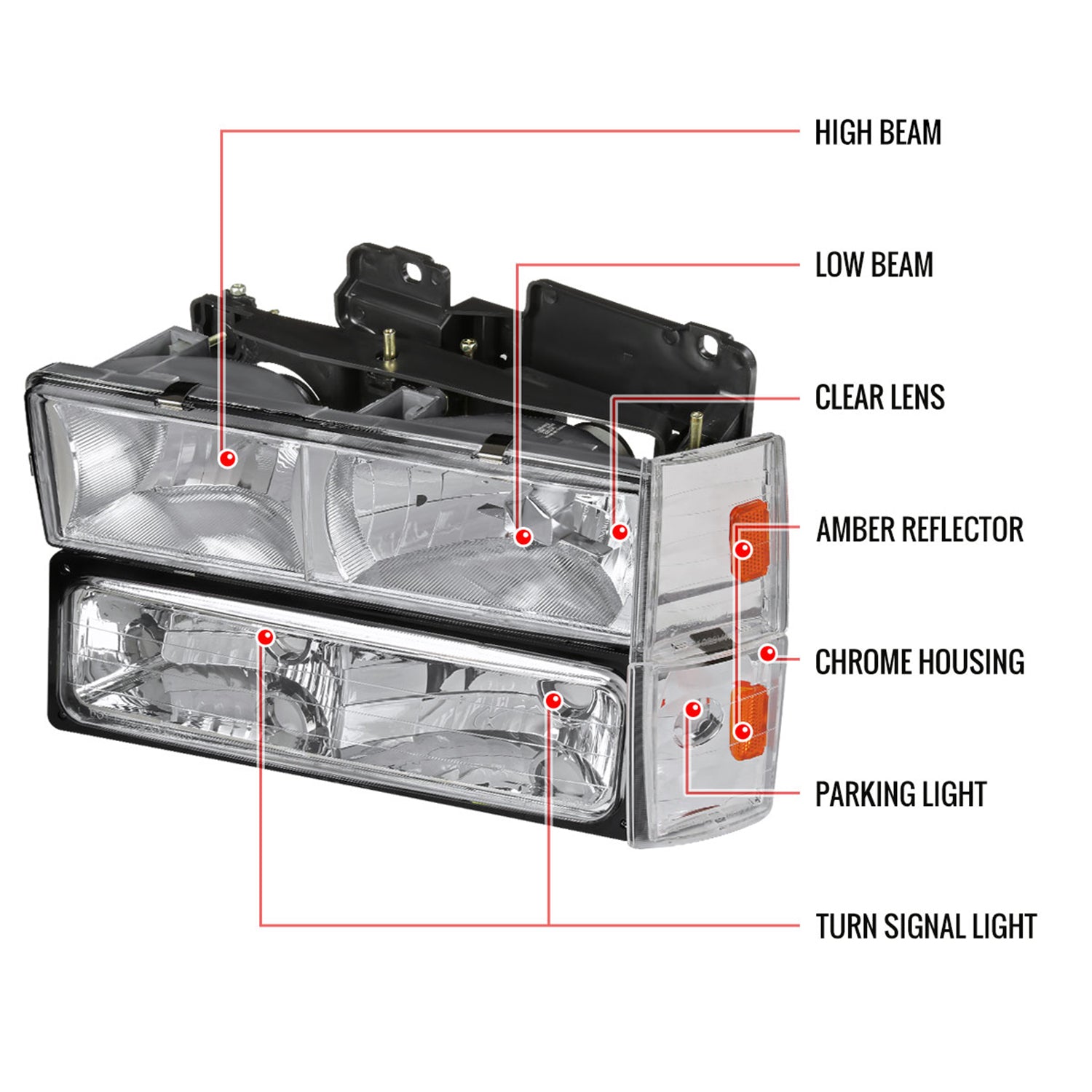 1988-1993 Chevy C/K Blazer/Tahoe/ Sierra/Yukon Headlights Lights Set Chrome