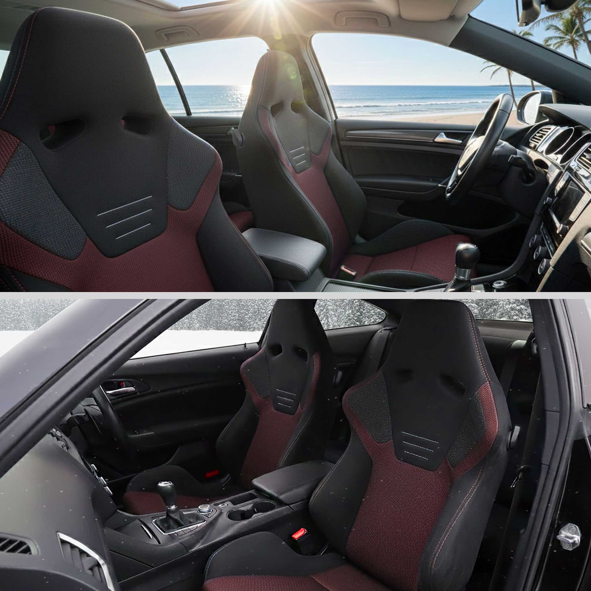 Universal Racing Seat Black Suede And Red Eye Mesh Cloth With Double Red Stitch