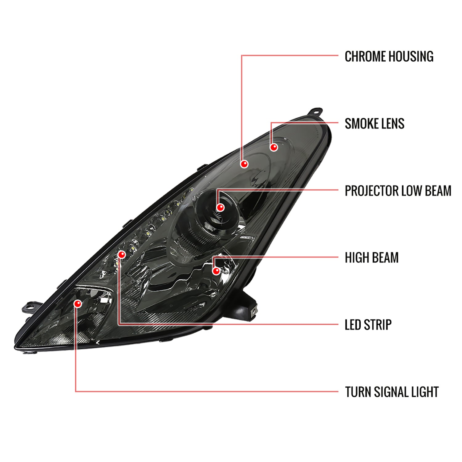 2000-2005 Toyota Celica Projector Headlights SMD LED Light Strip Chrome/Smoke
