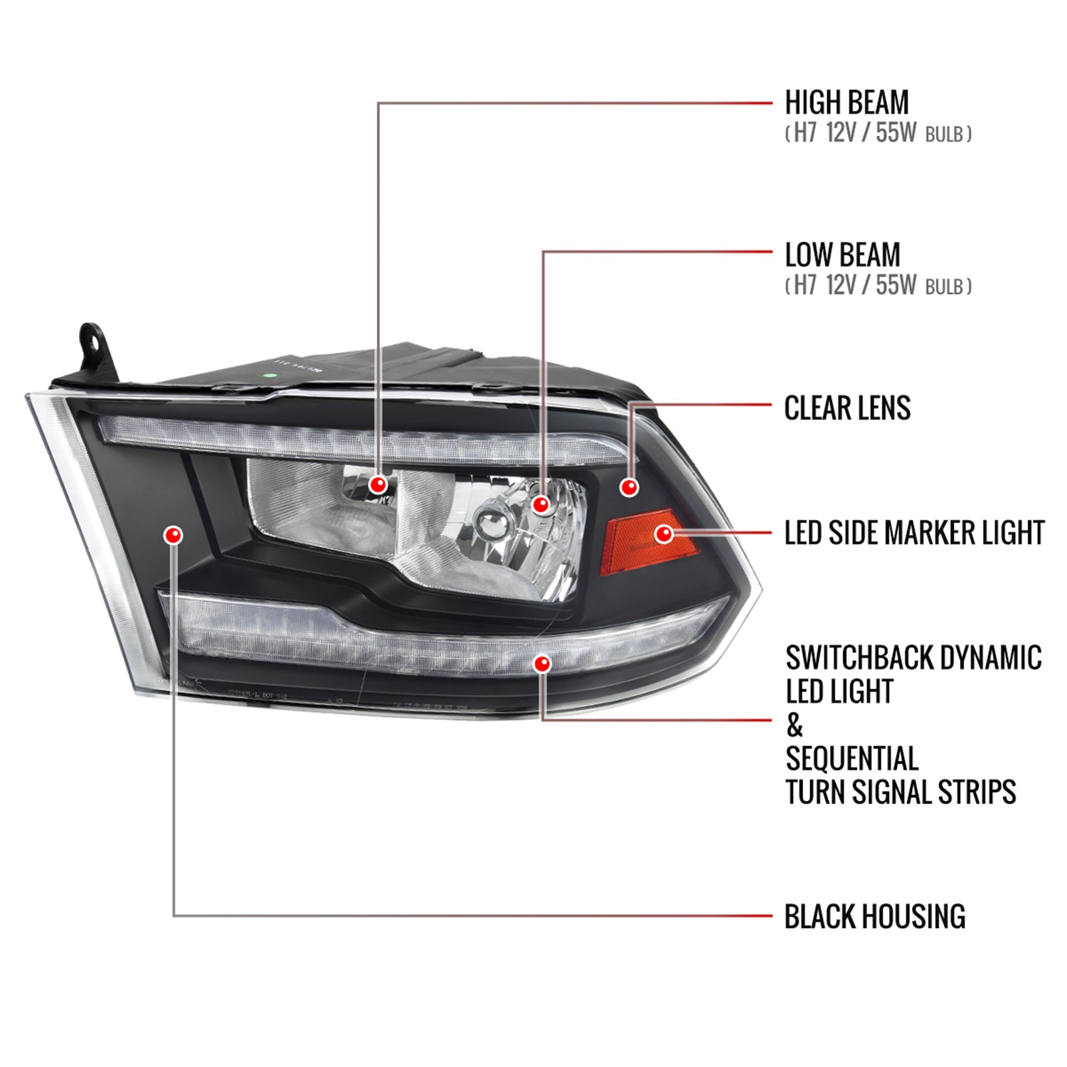 2009-2018 Dodge RAM 1500 RAM 2500 3500 Dual LED Bar Factory Headlights Black