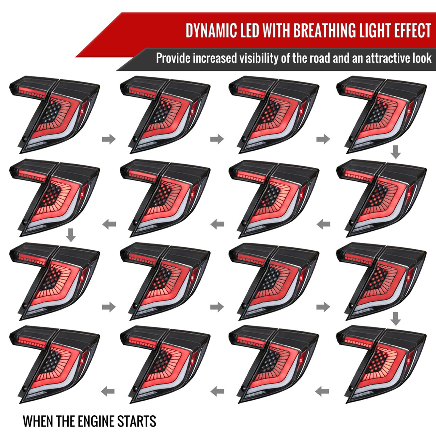 2017-2021 Honda Civic Hatchback Turn Signal LED Tail Lights Matt Black/Clear