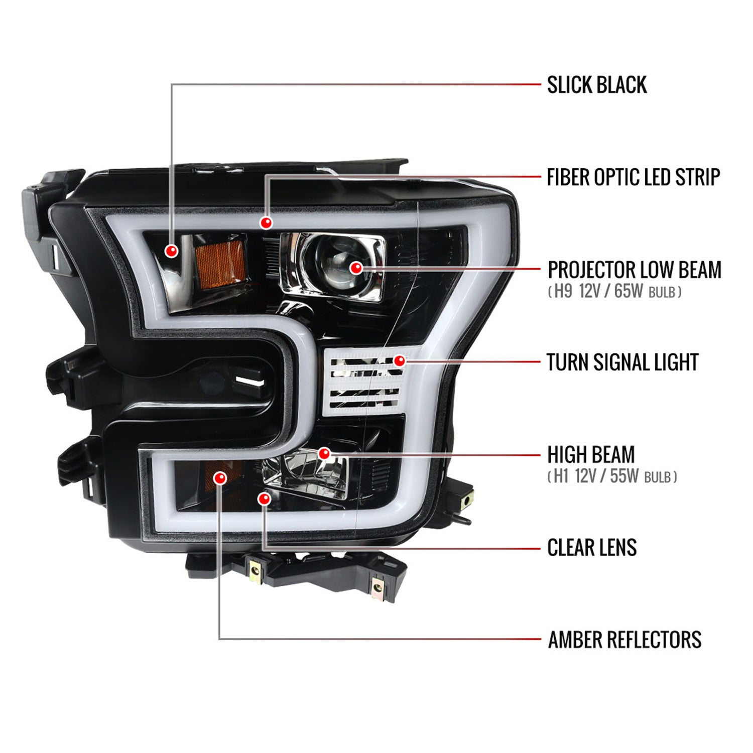 2015-2017 Ford F-150 LED Bar Projector Headlights Jet Black/Clear Lens