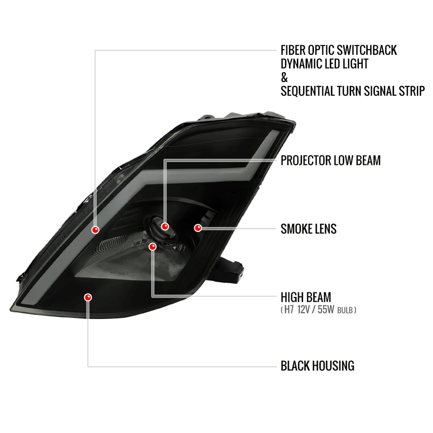 2003-2005 Nissan 350Z Turn Signal Animated LED Bar Projector Headlights Smoke