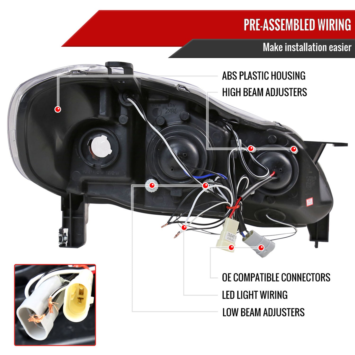 2003-2008 Toyota Corolla Dual Halo Projector Headlights Matte Black/Clear Lens