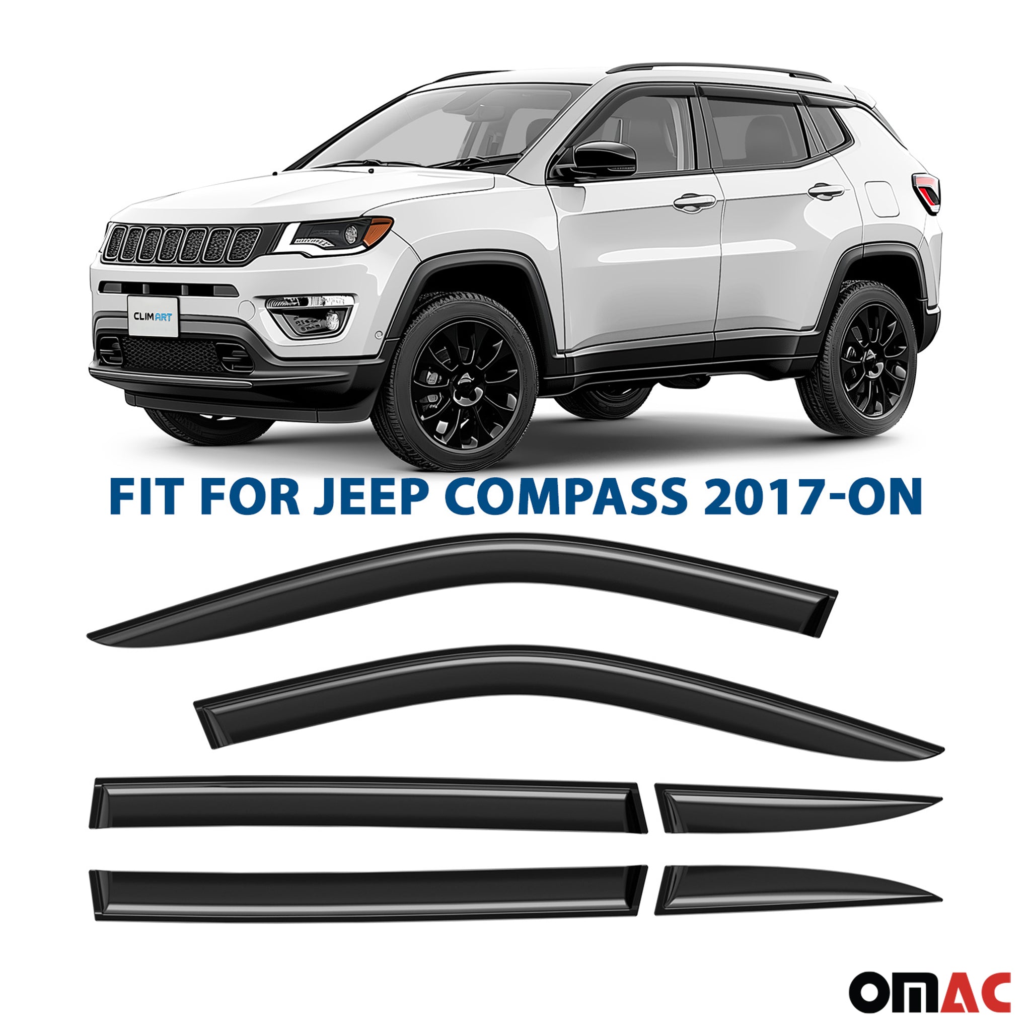 Clim Art Wind Deflectors for Jeep Compass 2017-2025 Shatterproof Tape-On Dark 6x