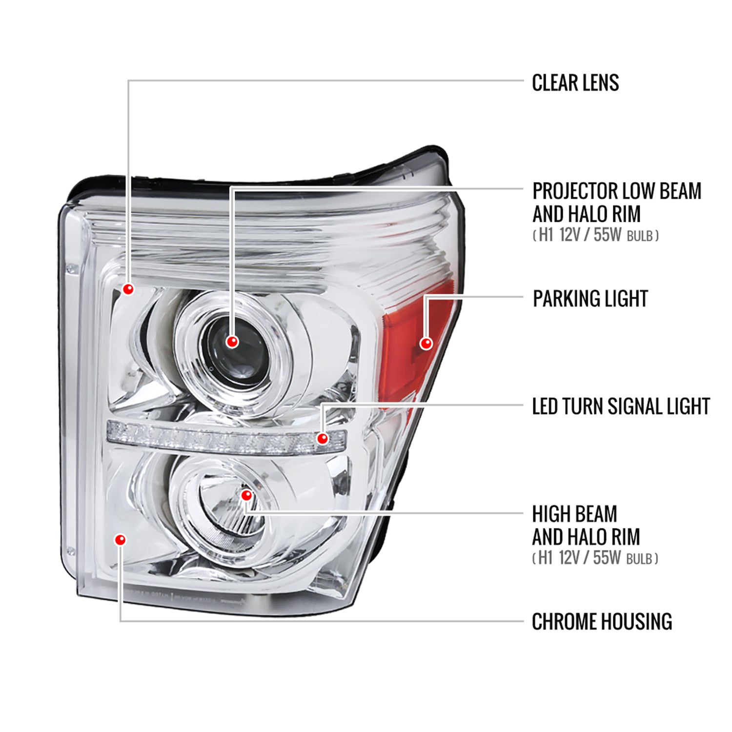 2011-2016 F-250 F-350 F-450 F-550 Dual Halo Headlights LED Signal Chrome