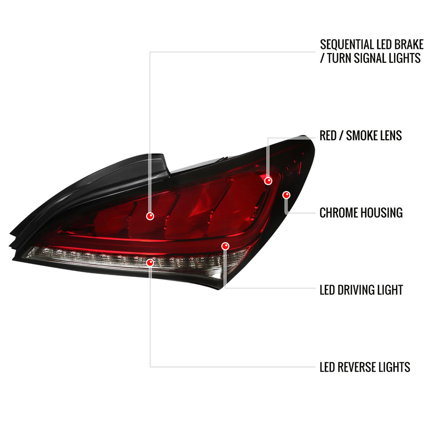 2010-2016 Hyundai Genesis Coupe White Bar LED Tail Lights Chrome/Red Smoke