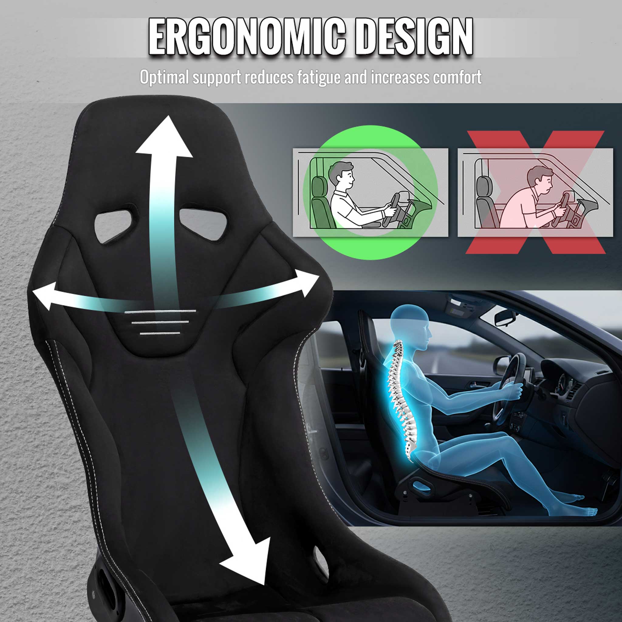 Universal Bucket Racing Seat Fiber Glass Black Suede Double Silver Stitch