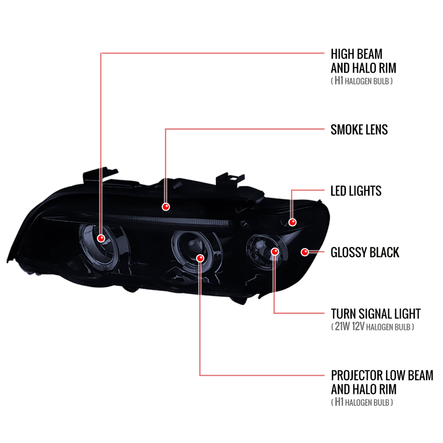 2001-2003 BMW E53 X5 Dual Halo Projector Headlights Glossy Black/Smoke Lens