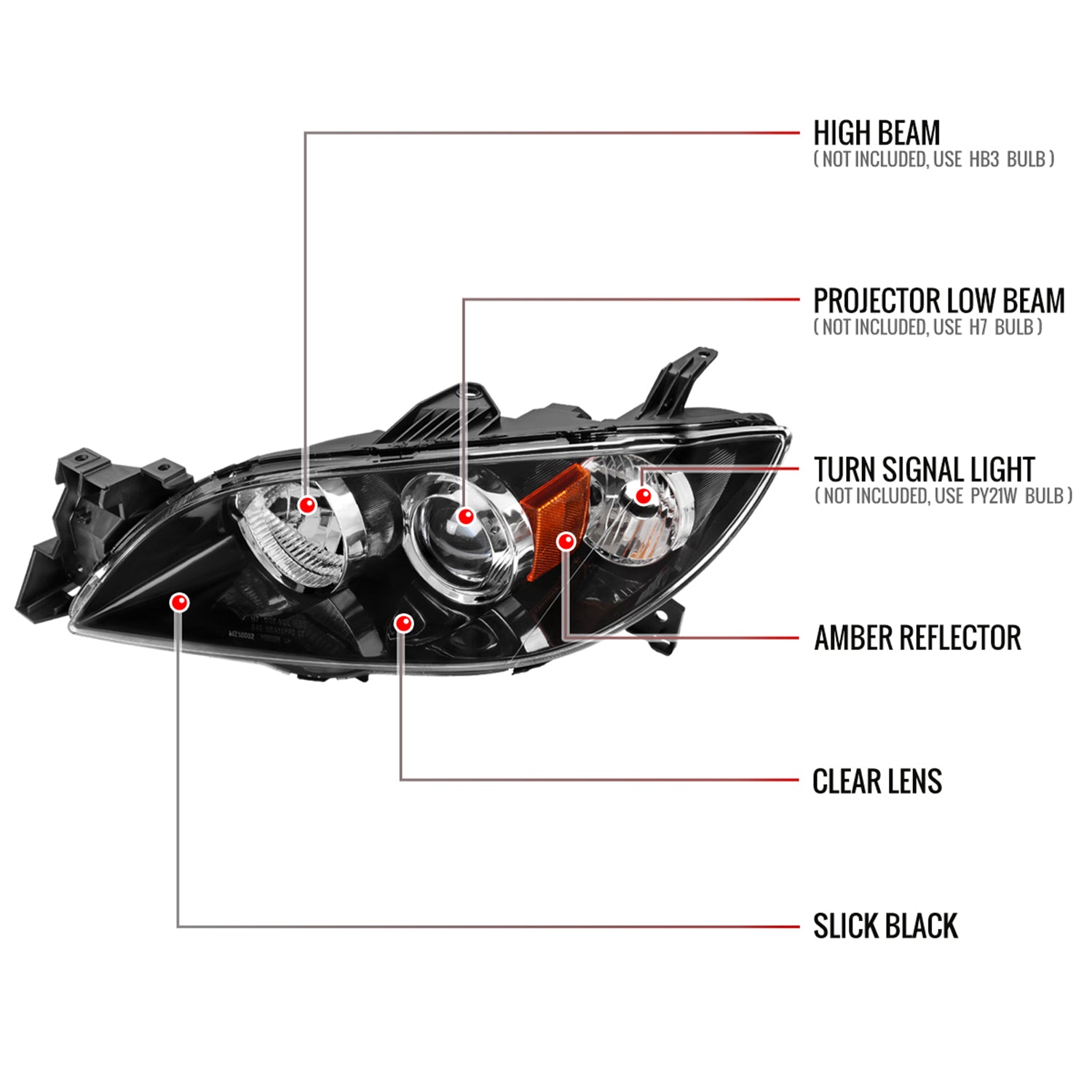 2004-2009 Mazda 3 Sedan Projector Style Headlights Matte Black/Clear Lens