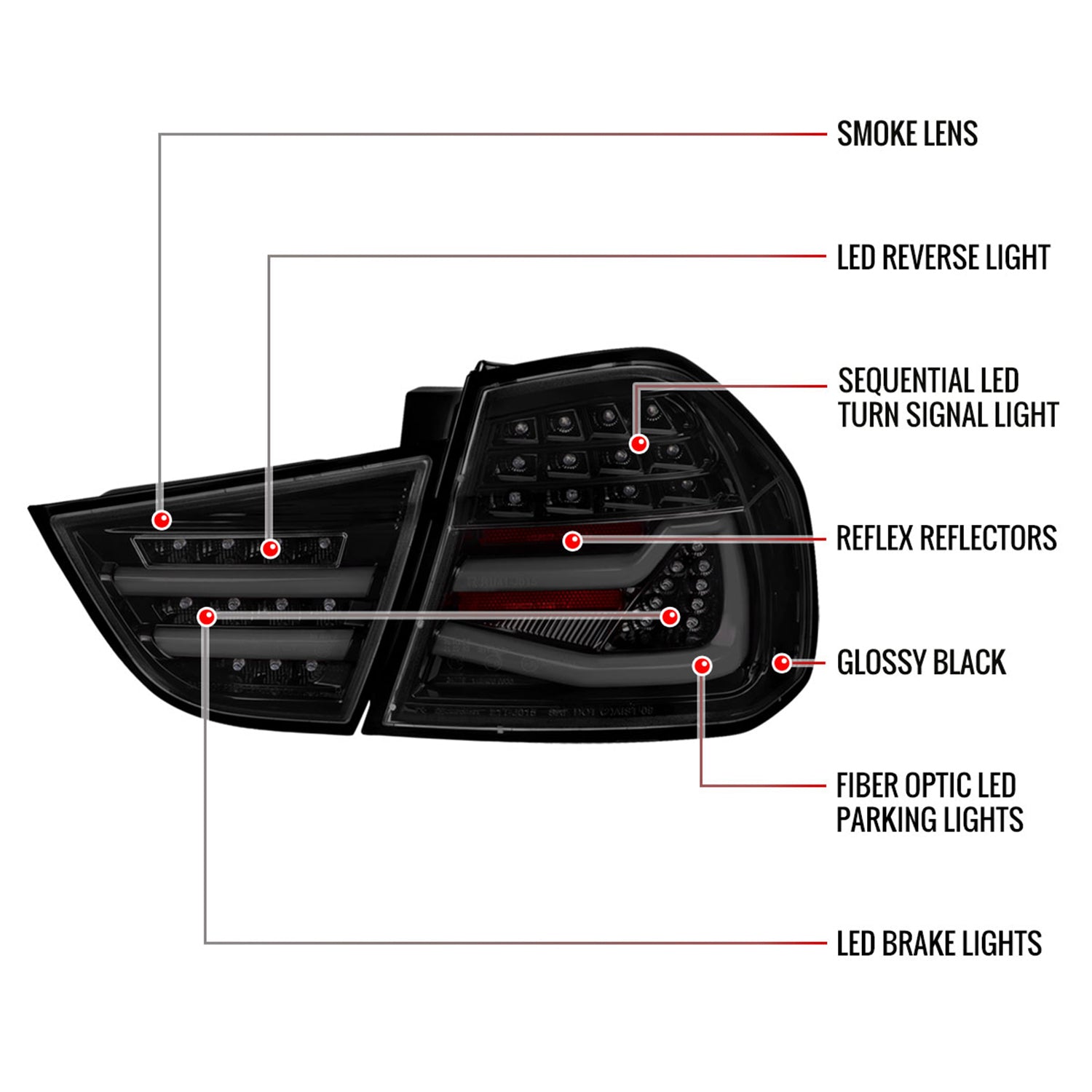 2009-2011 BMW E90 3-Series 4Dr Sedan Red LED Tail Light Glossy Black/Clear