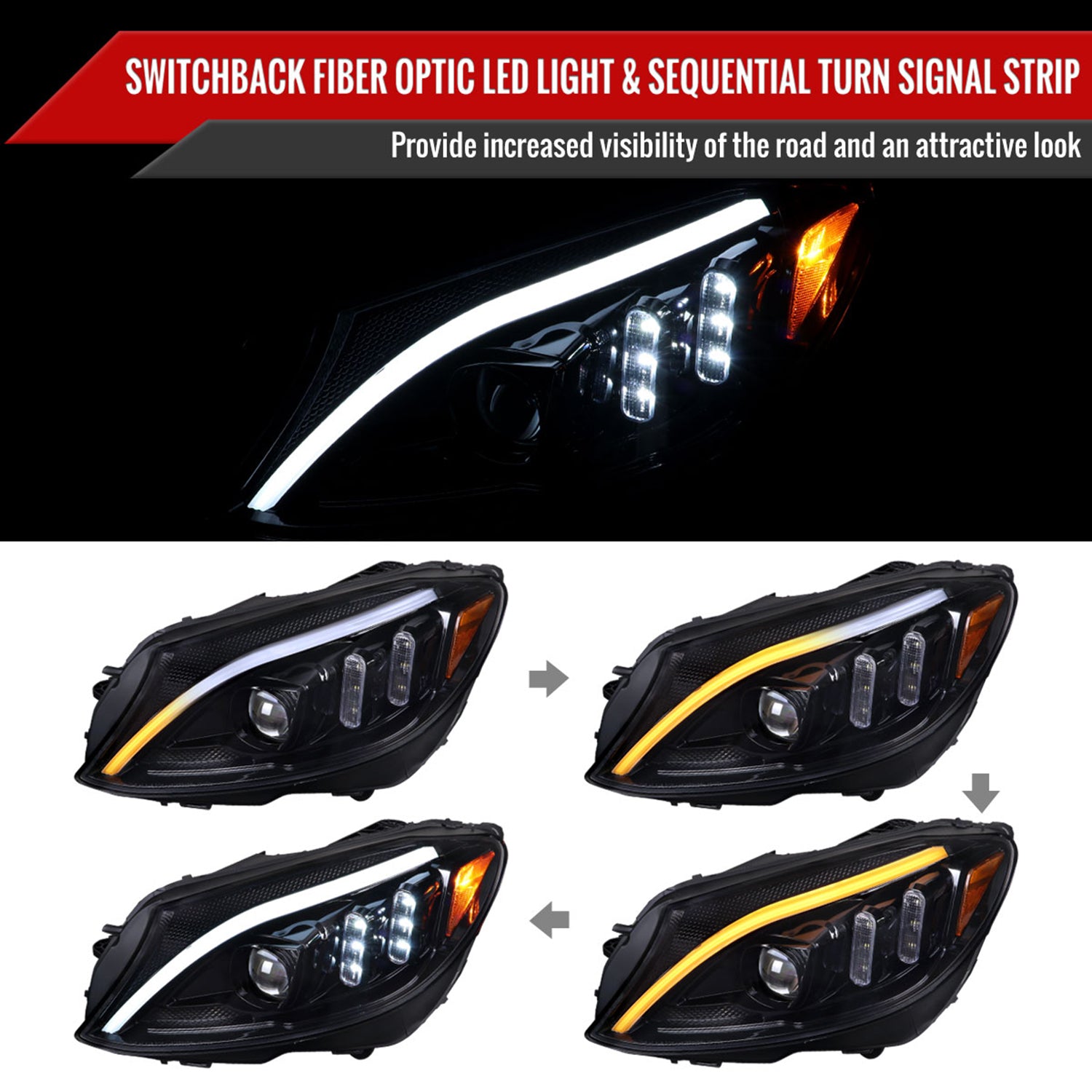 2015-2018 Mercedes-Benz C-Class W205 Signal Projector Headlights Jet Black