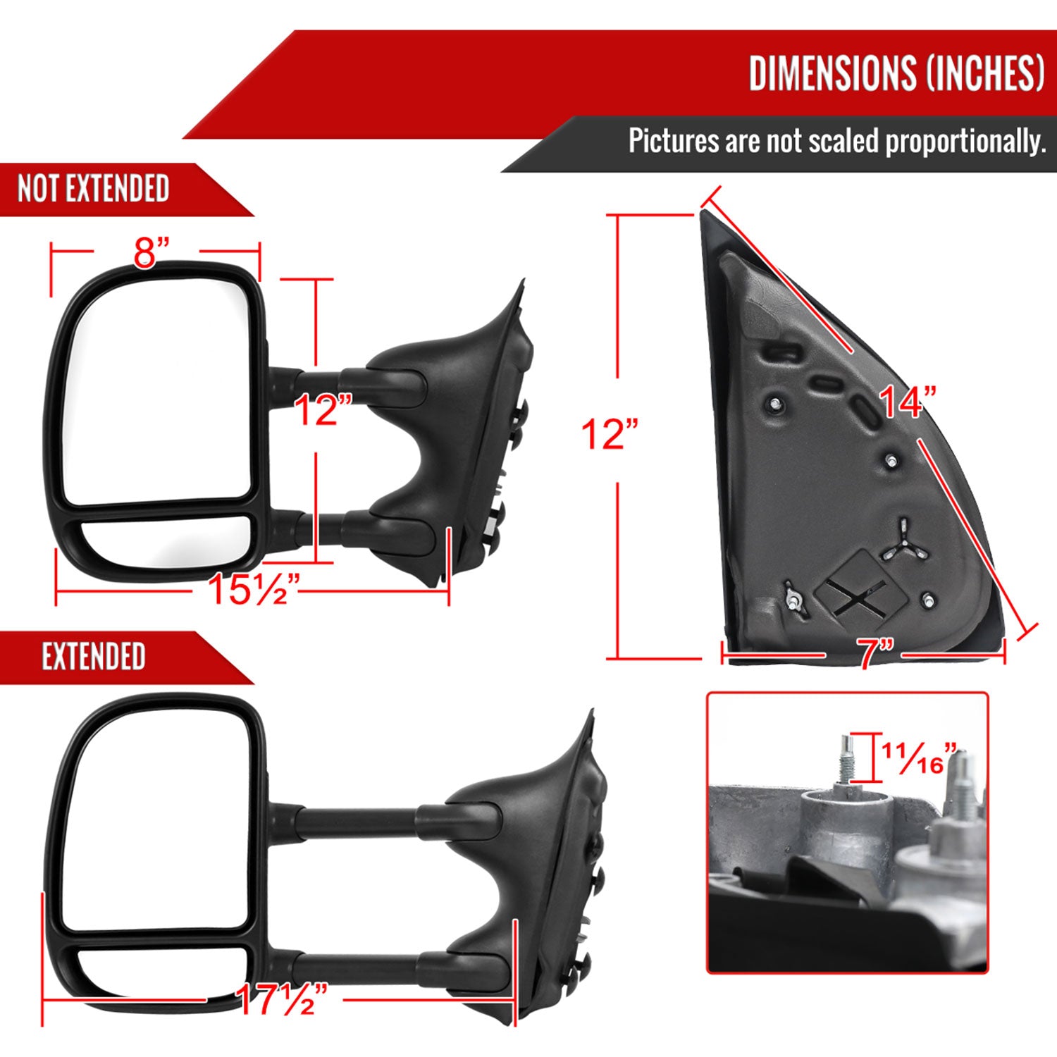 1999-2016 Ford F-250/350/450/550 Manual Adjustable & Extendable Towing Mirrors