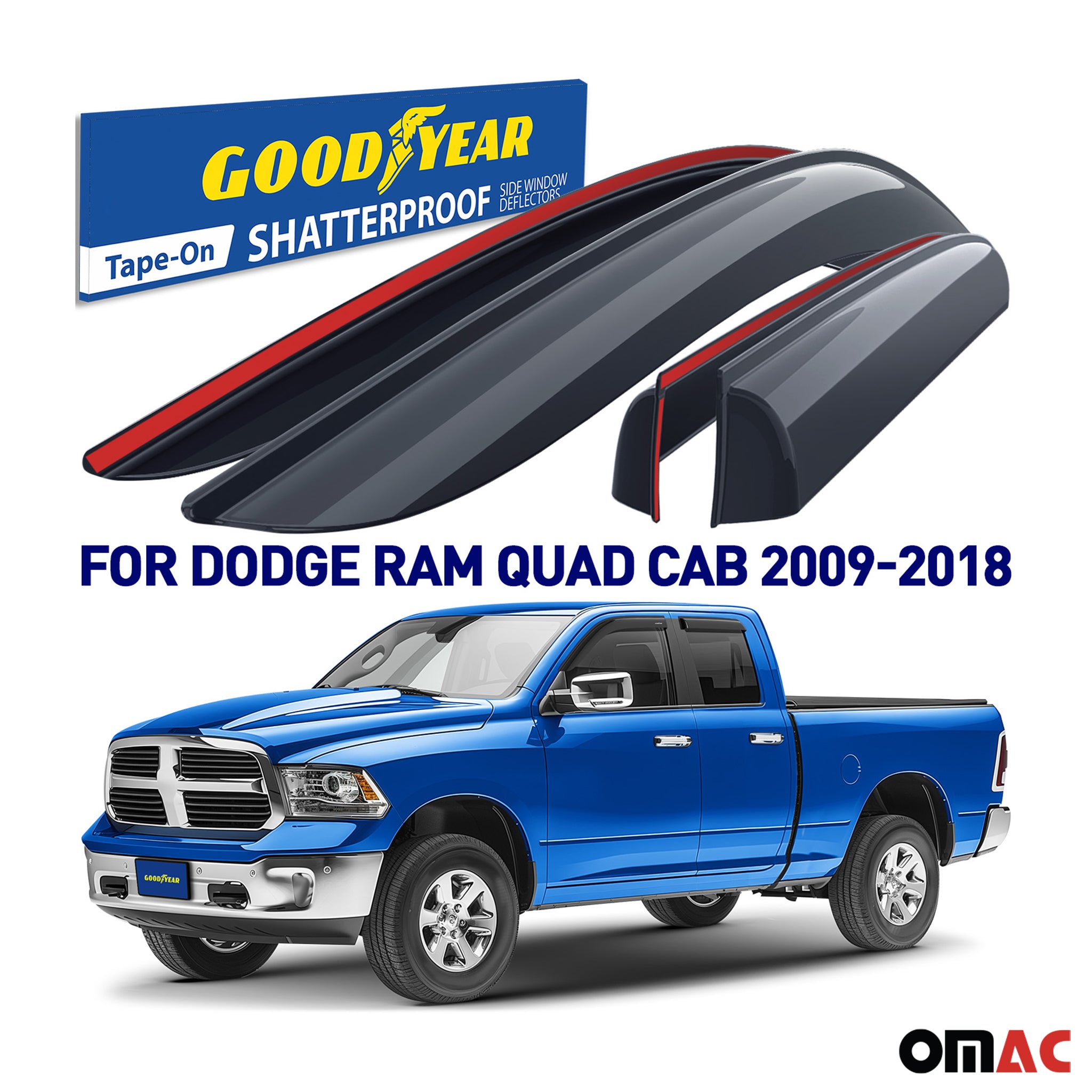 Goodyear Wind Deflectors for Dodge Ram 1500 2009-2018 Quad Cab Tape-On Smoke 4x