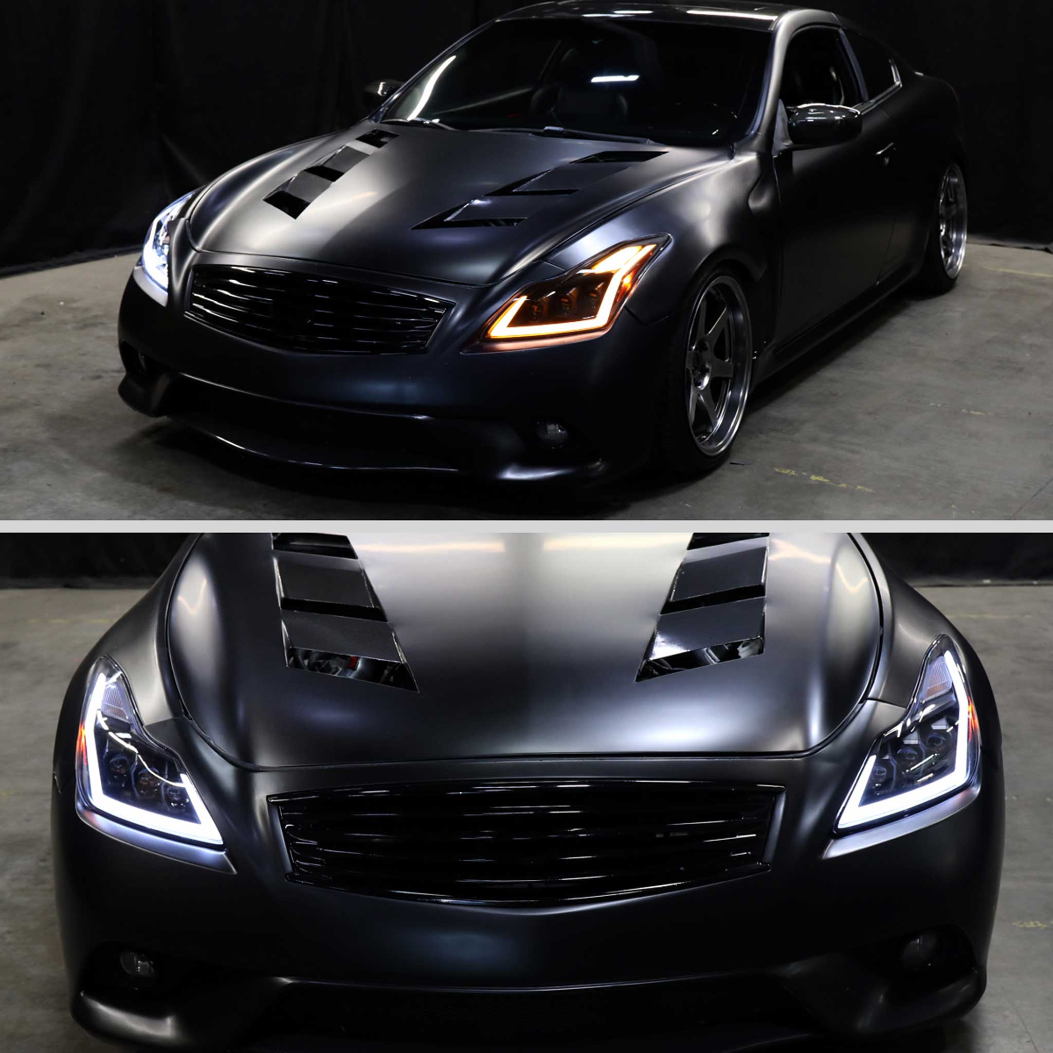 For Infiniti G37 2008-13 / Q60 Coupe 2014-15 LED Triple Projector Headlights Sequential Matte Black Clear Lens Switchback