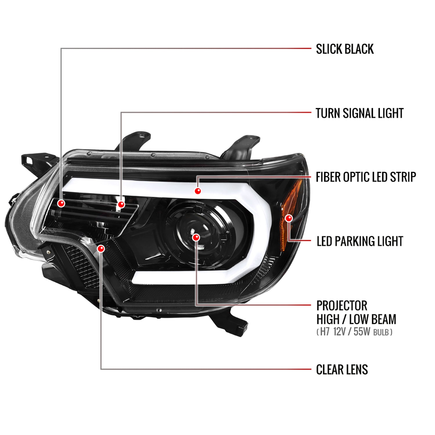 2012-2015 Toyota Tacoma LED C-Bar Projector Headlights Jet Black/Clear Lens