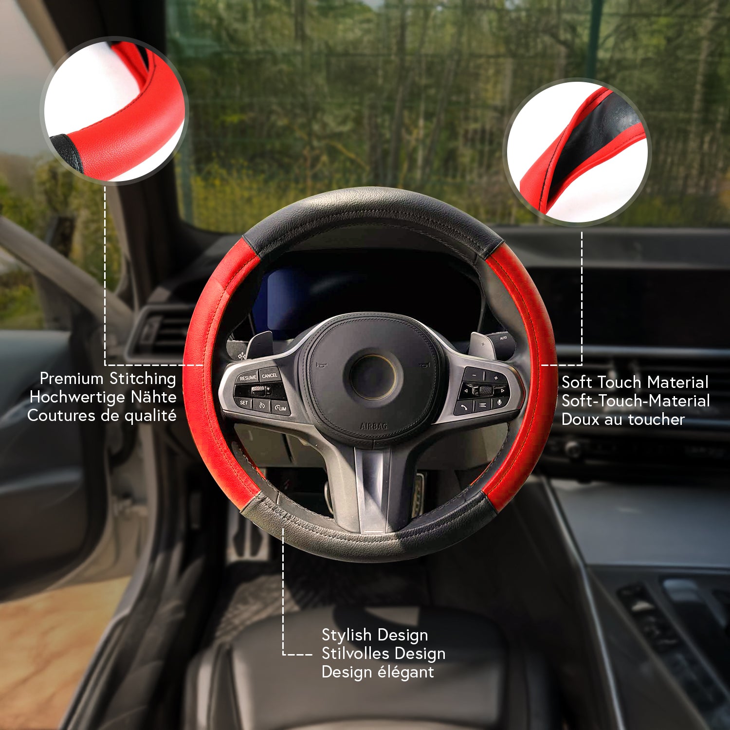 14.5-15.5’’ Steering Wheel Cover Red Black Leather Anti-slip Breathable