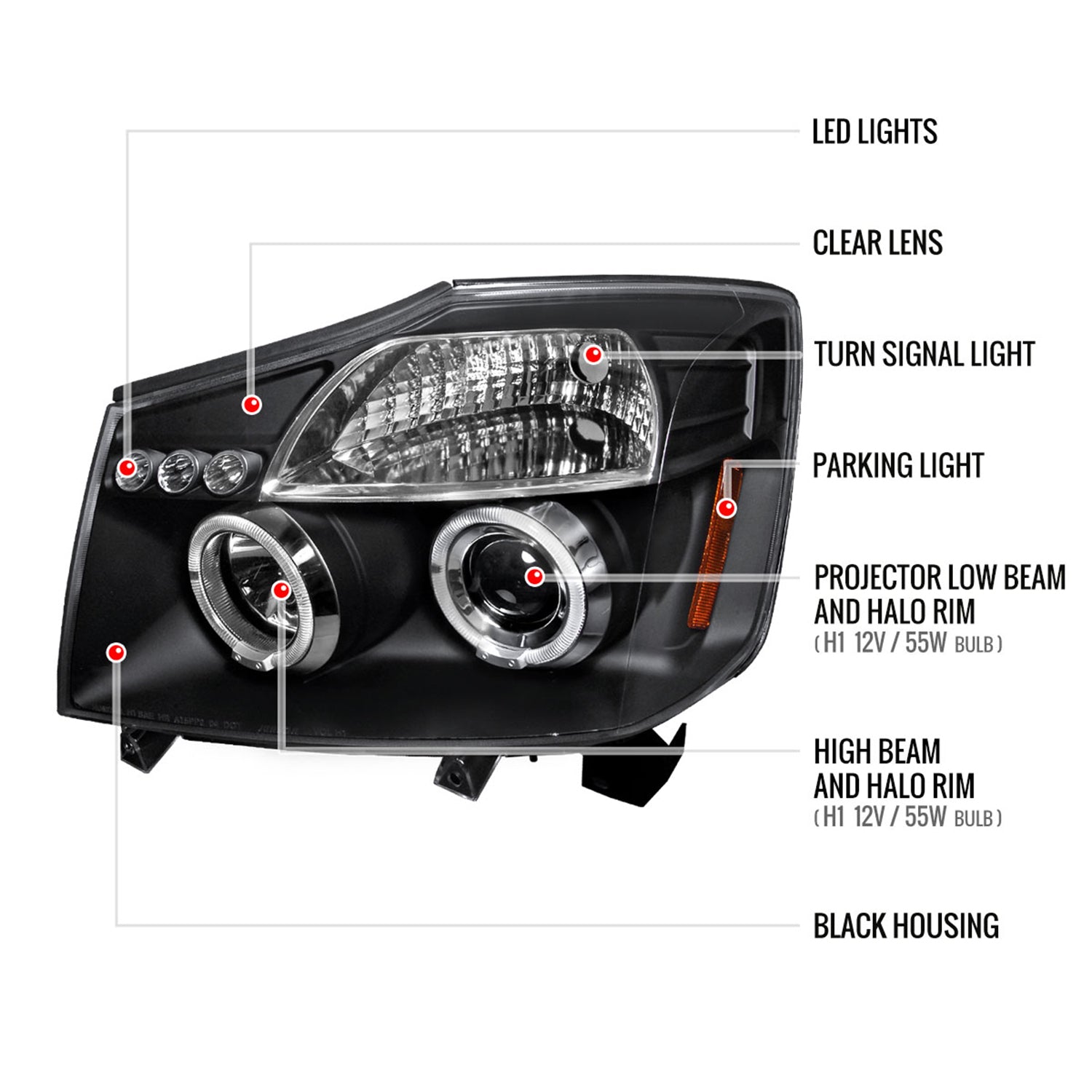 2004-2015 Nissan Titan/ 04-2007 Armada Dual Halo Projector Headlights Matt Black
