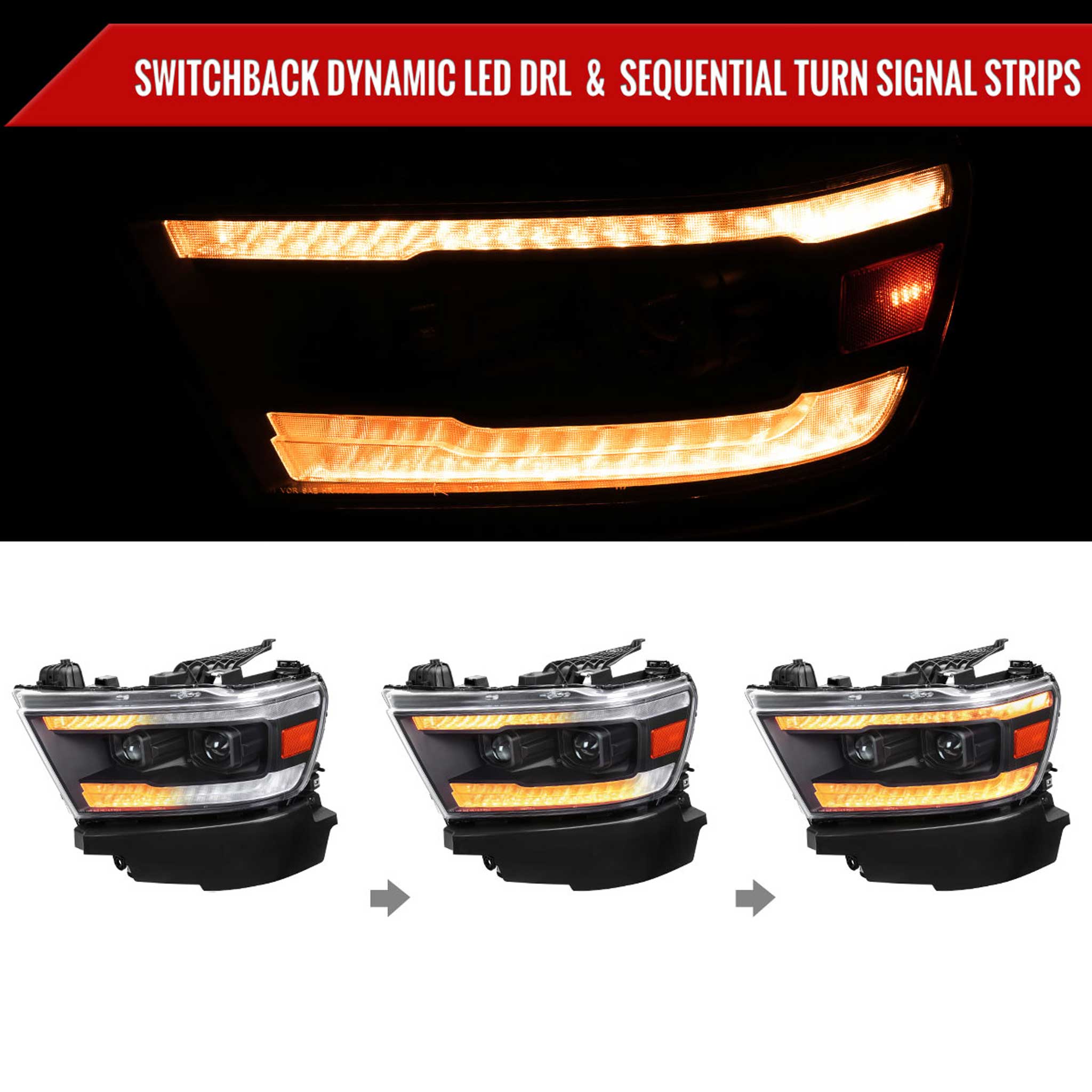For Dodge RAM 1500 2019-2024  LED Headlights Turn Signals LED Pulsing Glow Matte Black Housing Clear Lens