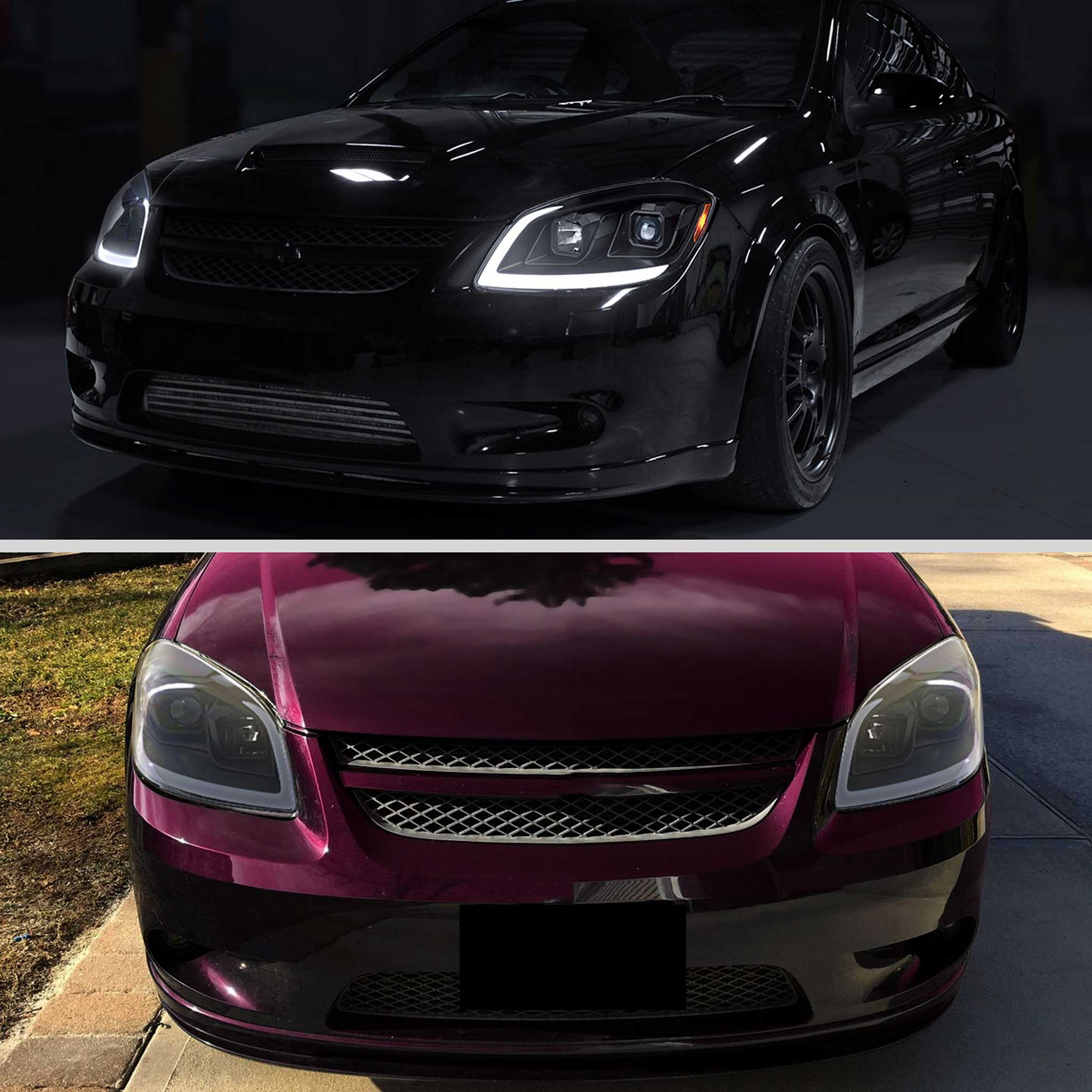 For Chevrolet Cobalt / Pontiac G5 2005-2010 LED Bar Projector Headlights LED DRL Light Tube Matte Black Housing Clear Lens