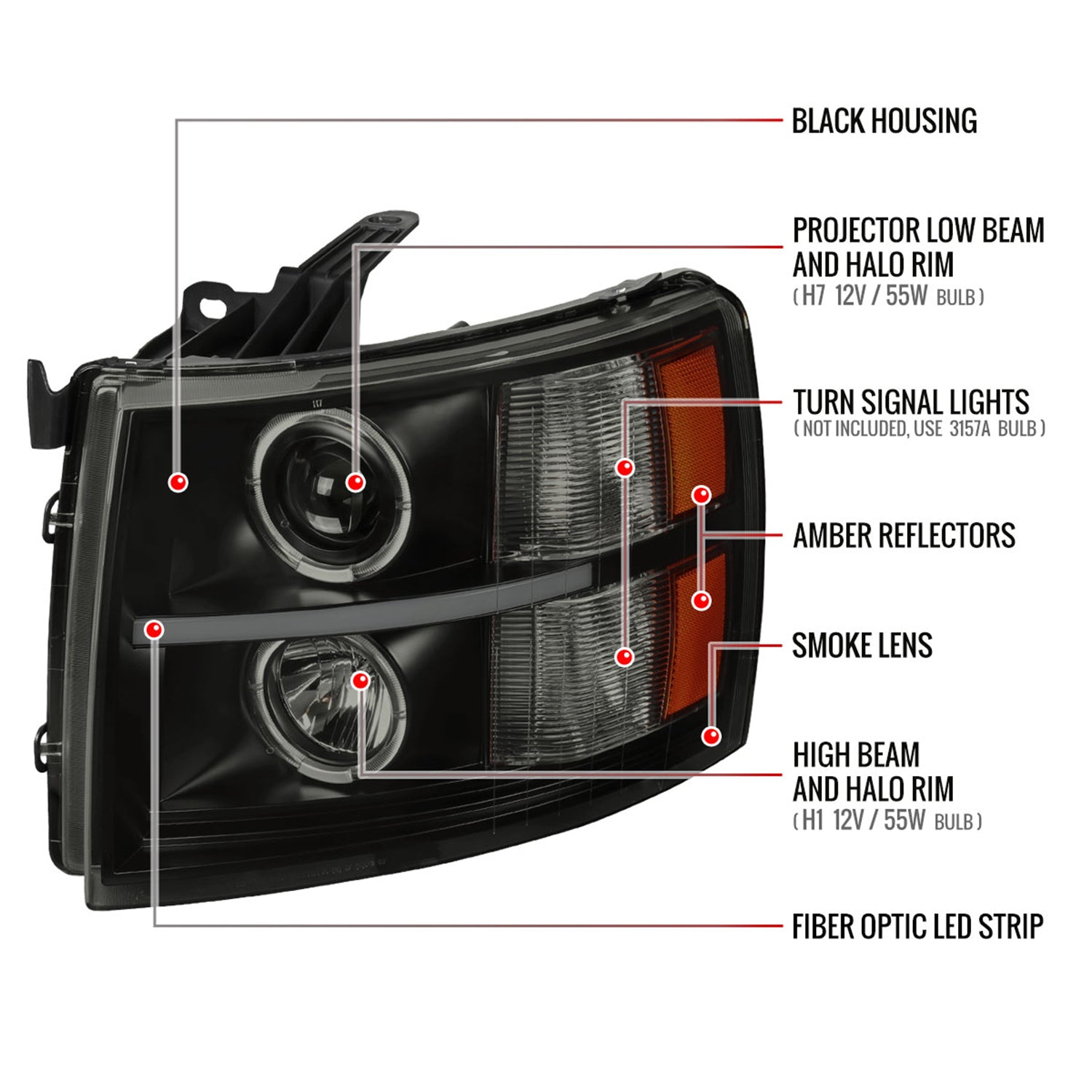 2007-2013 Chevy Silverado 1500 2500 3500 LED Dual Halo Headlights Black