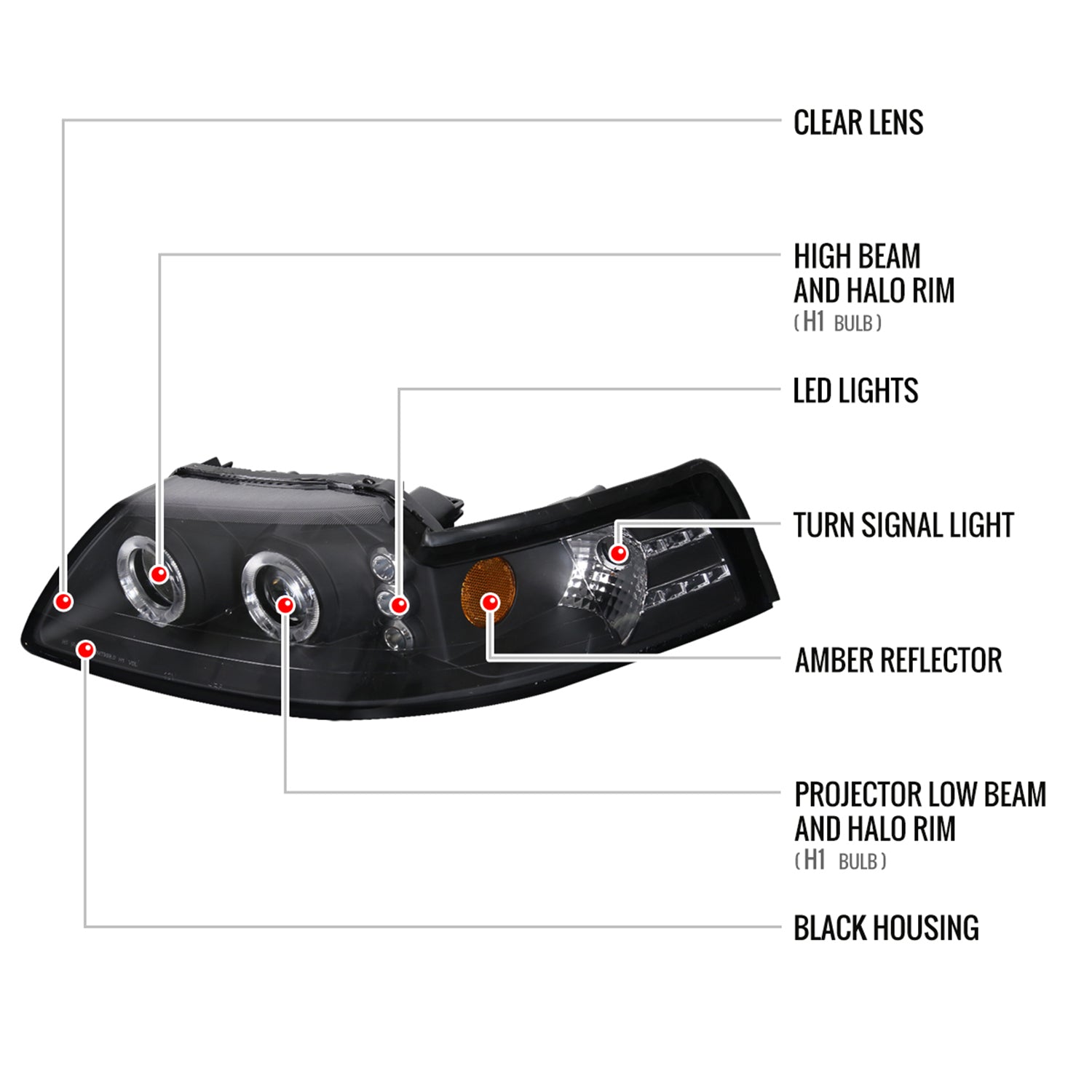 1999-2004 Ford Mustang Dual Halo V2 Projector Headlights Matte Black/Clear