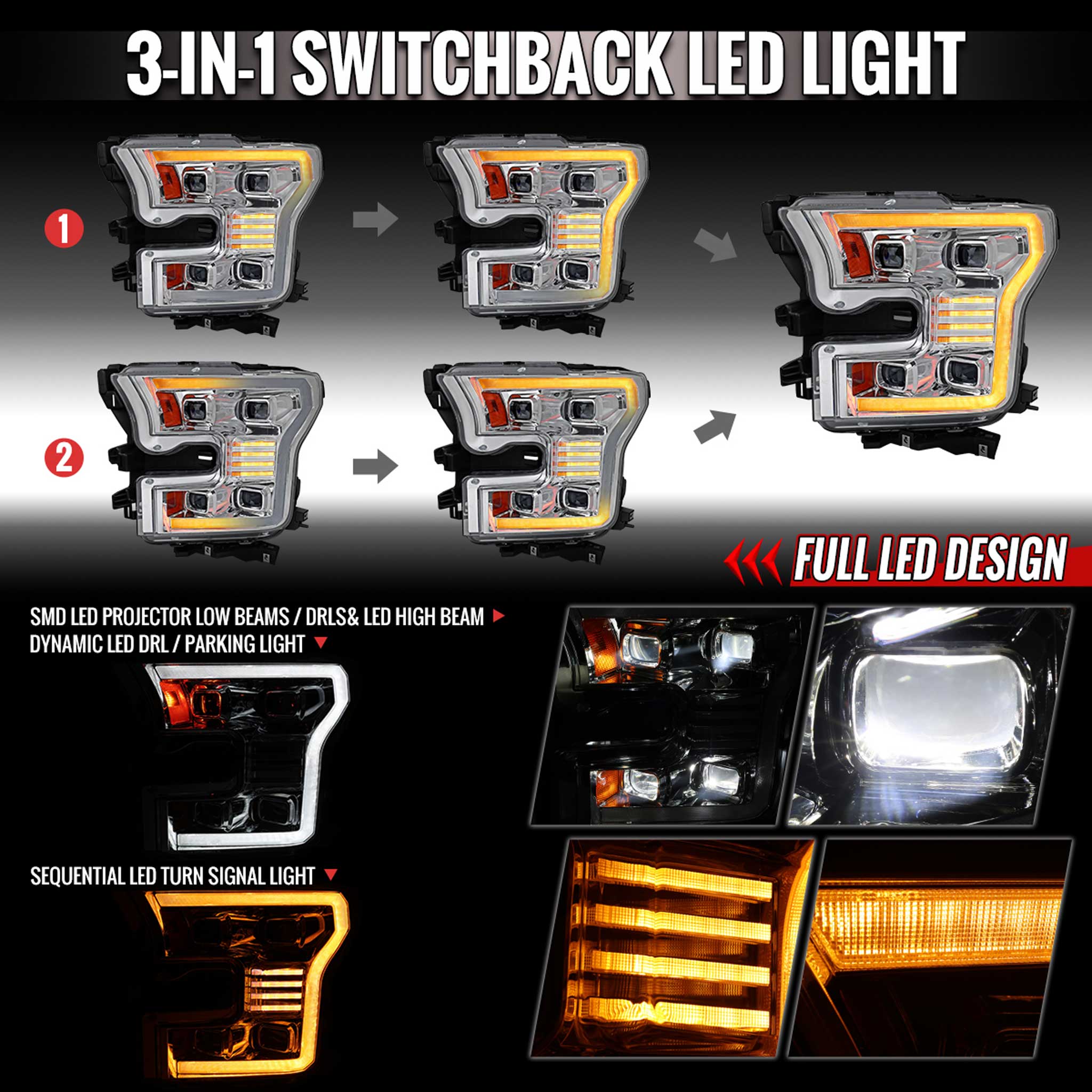 For Ford F-150 2015-2017 LED Projector Headlights Switchback Sequential Turn Signal DRL Chrome