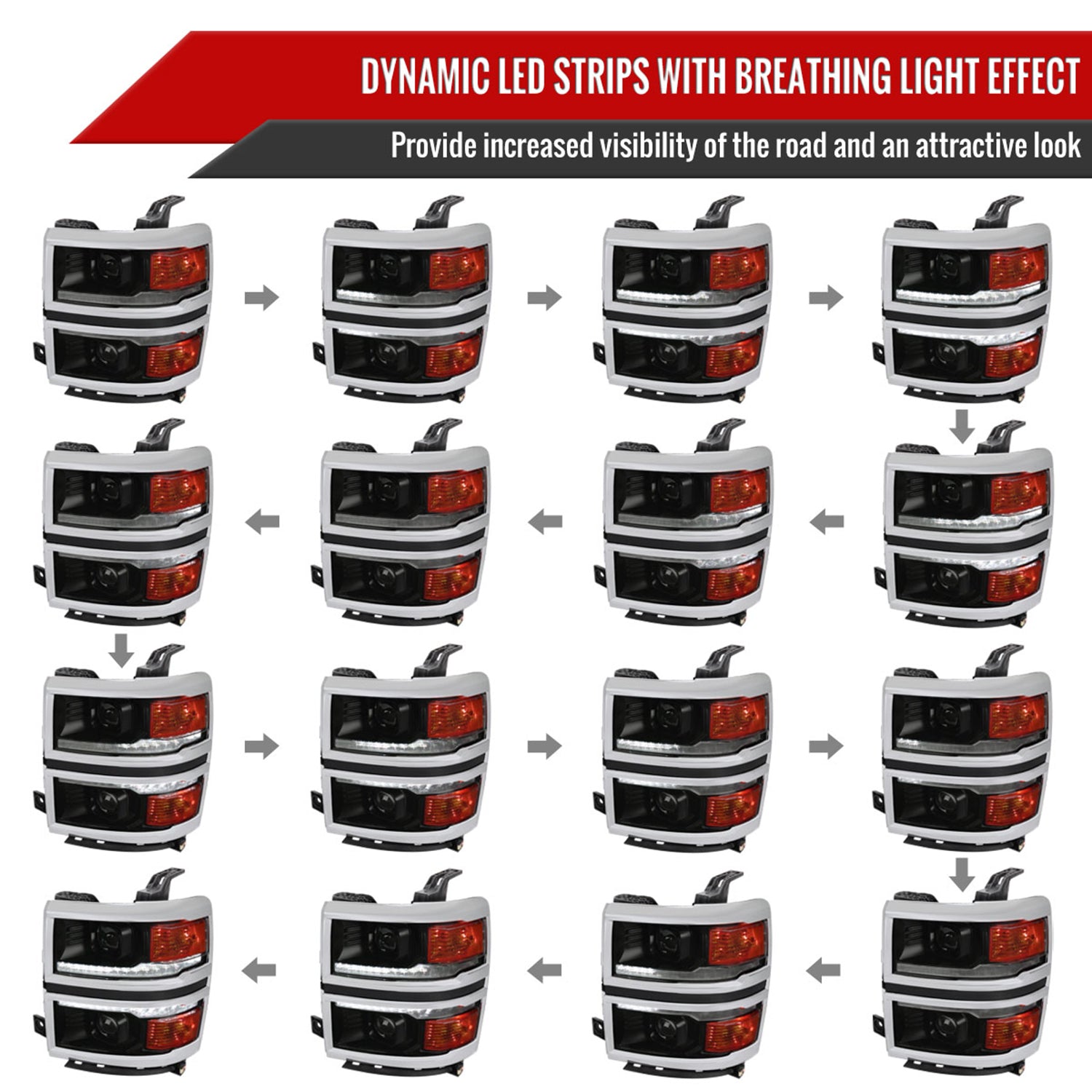 2014-2015 Chevy Silverado 1500 LED Bar Projector Headlights Smoke/Chrome Trim