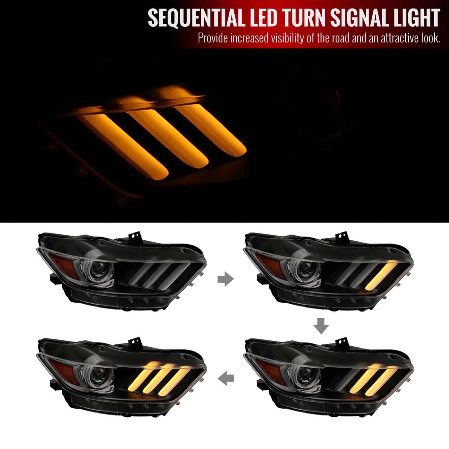 2015-2017 Ford Mustang HID/Xenon LED Turn Signal Projector Headlights Smoke