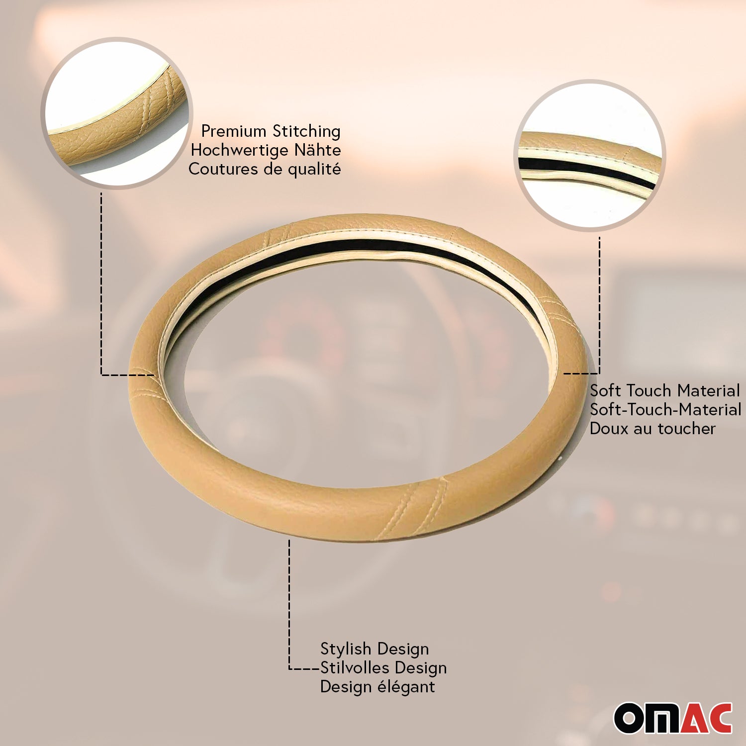 14.5-15.5’’ Steering Wheel Cover Dark Beige Leather Anti-slip Breathable