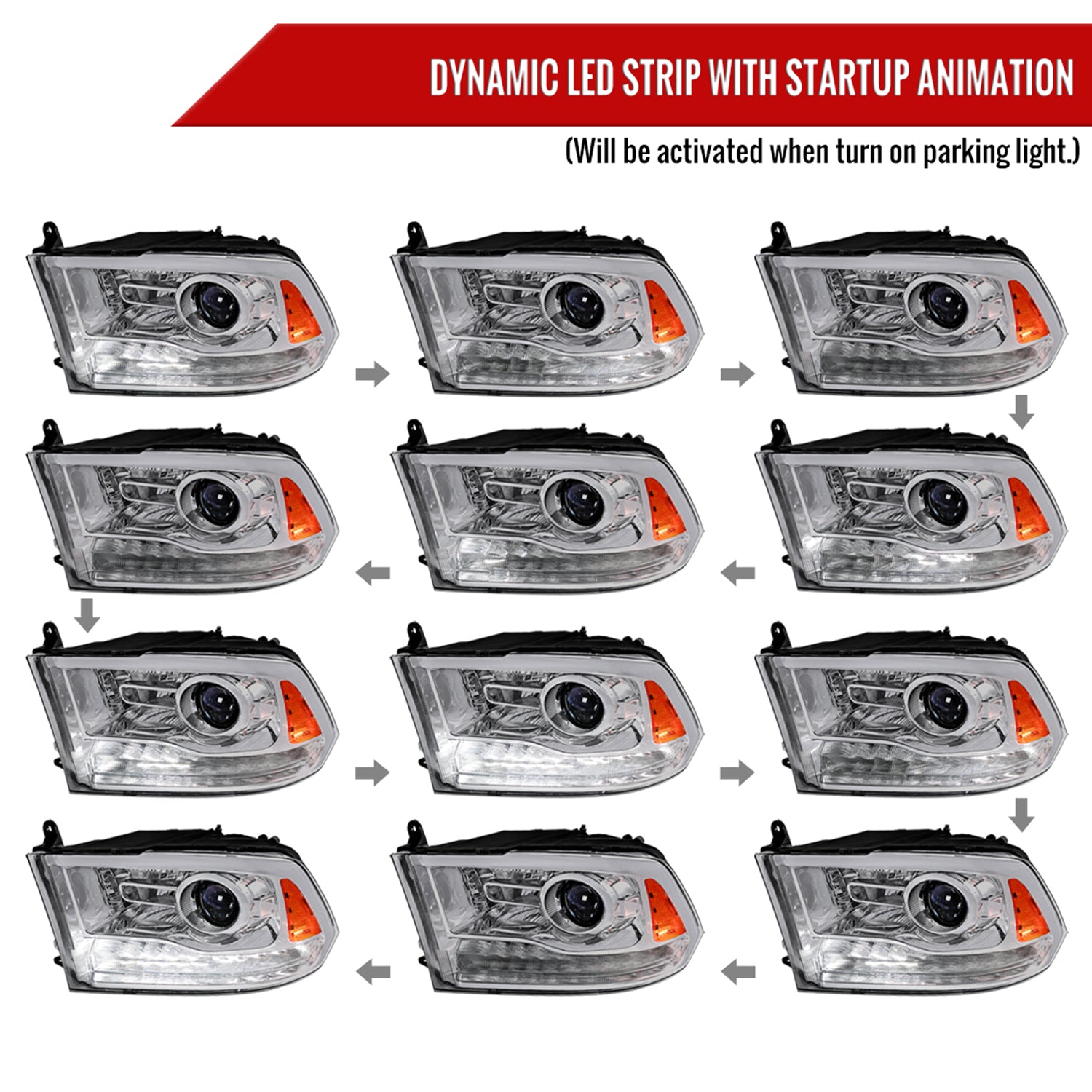 2013-2018 RAM 1500 2500 3500 Sequential LED Signal Projector Headlights Chrome