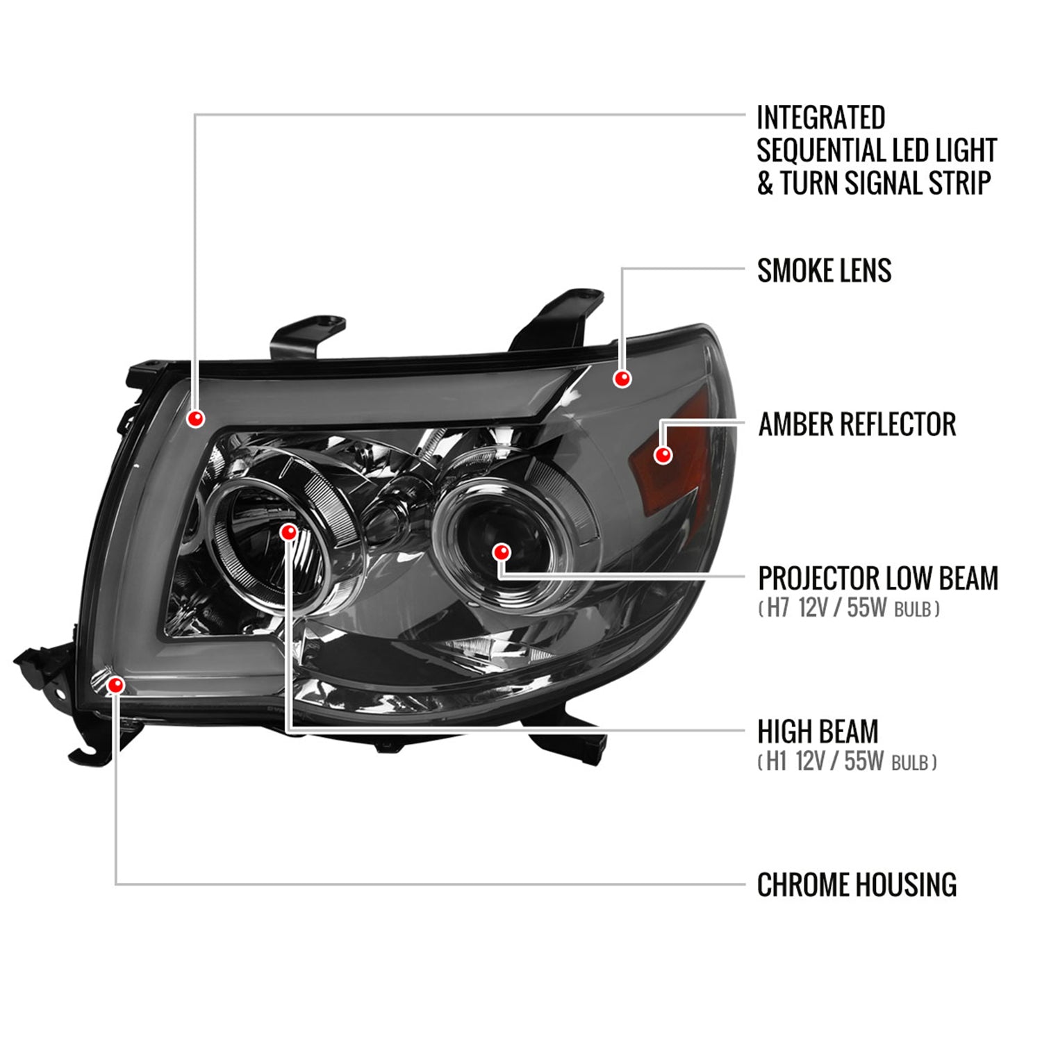 2005-2011 Toyota Tacoma LED Bar Projector Headlights Turn Signal Lights Smoke