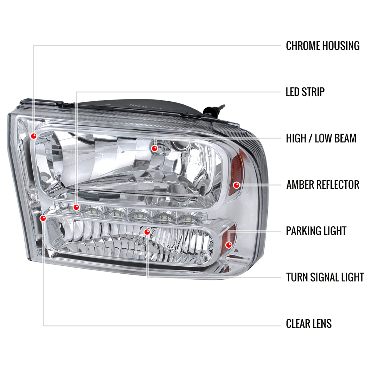 1999-2004 Ford F-250/350/450/550/Excursion Crystal Headlights LED Light Chrome