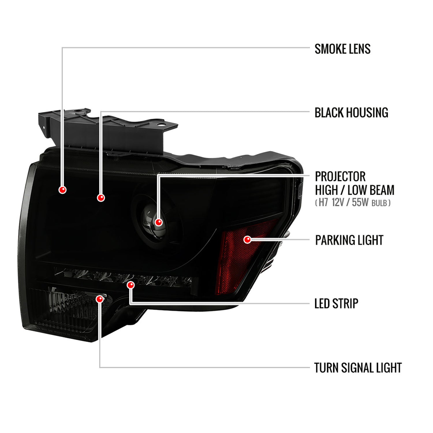 2009-2014 Ford F-150 Projector Headlights w/ LED Light Strip Black/Smoke Lens