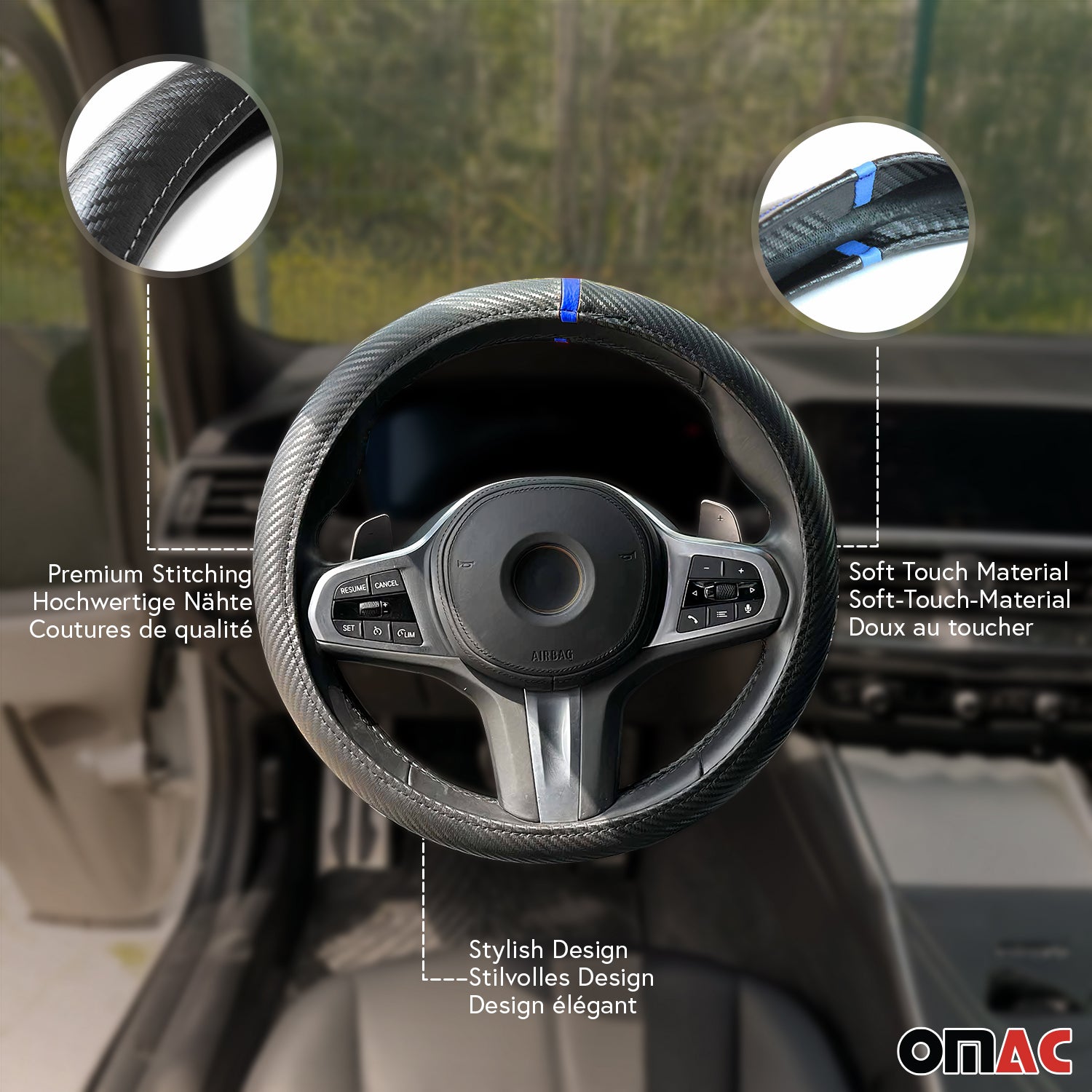 14.5-15.5’’ Steering Wheel Cover Blue Stripe Leather Anti-slip Breathable