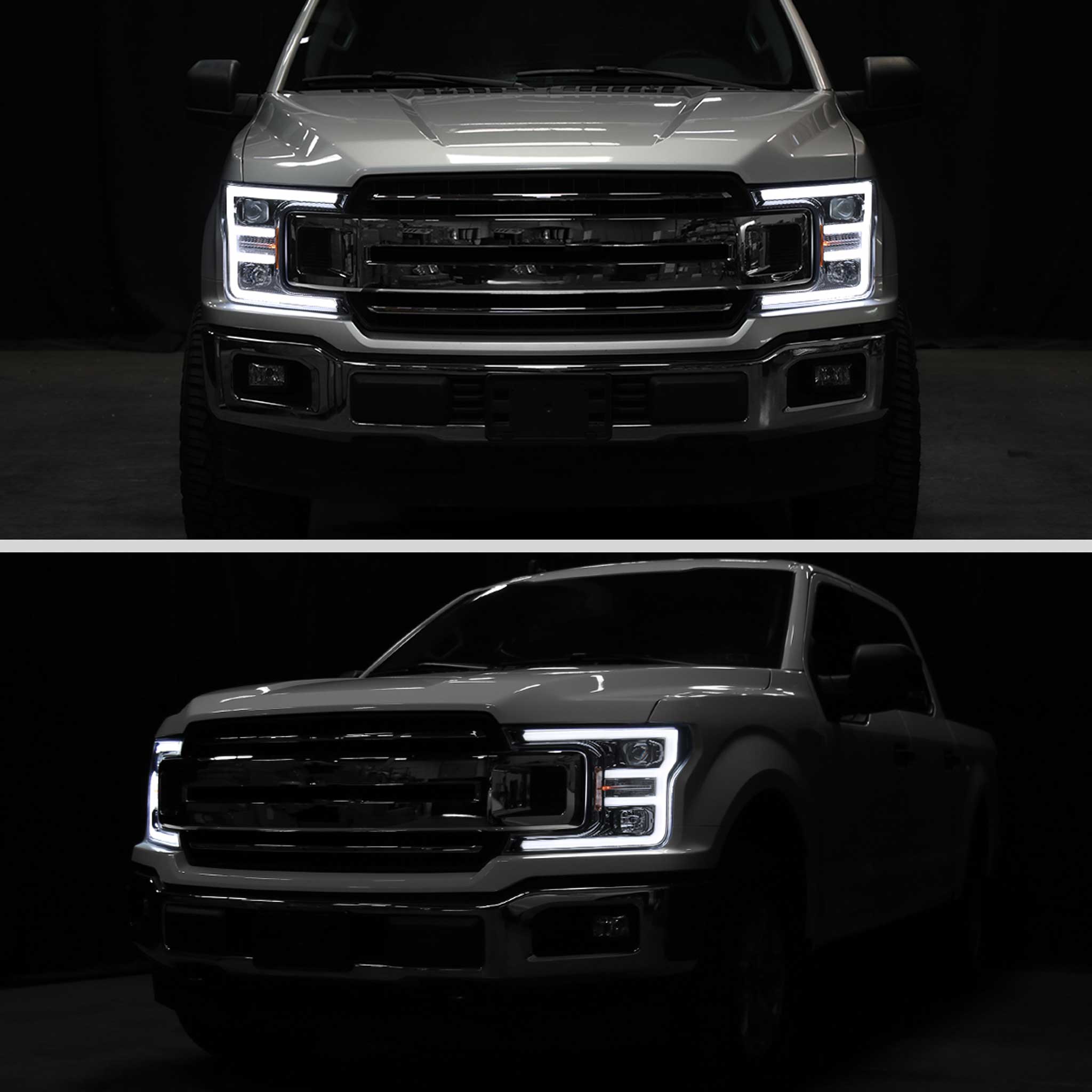 For Ford F-150 2018-2020 LED C Bar Projector Headlights Glossy Black Housing Clear Lens